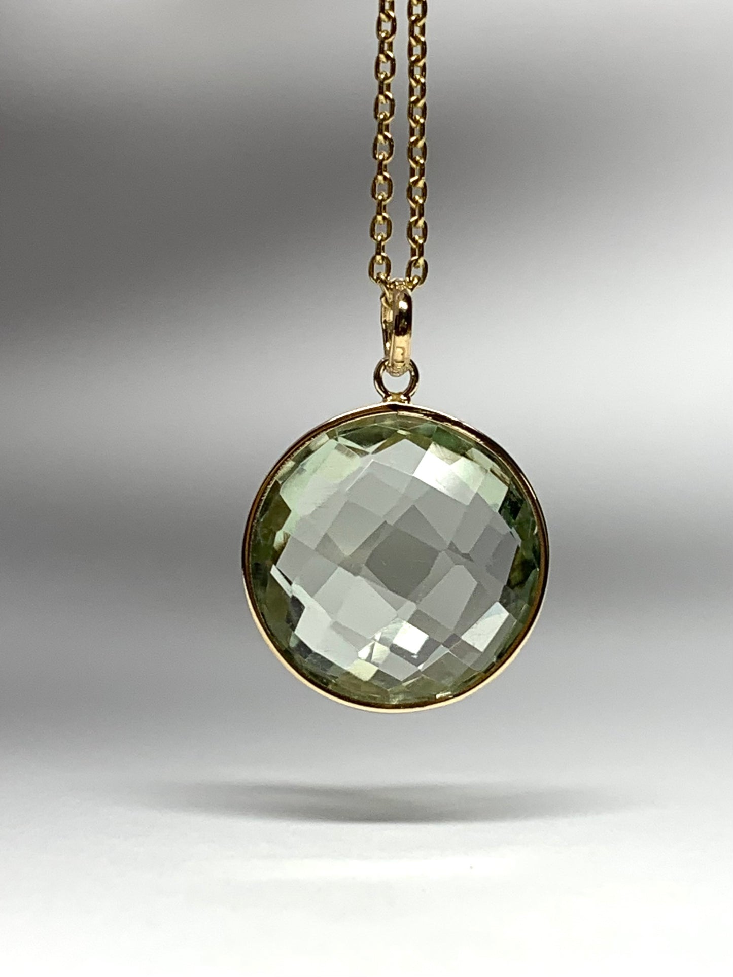 14K Solid Yellow Gold, Round Green Amethyst Drop Pendant