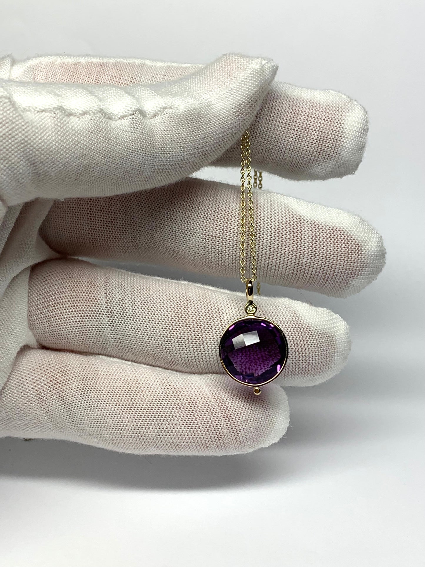 14K Solid Yellow Gold, Diamond, Purple Amethyst Pendant