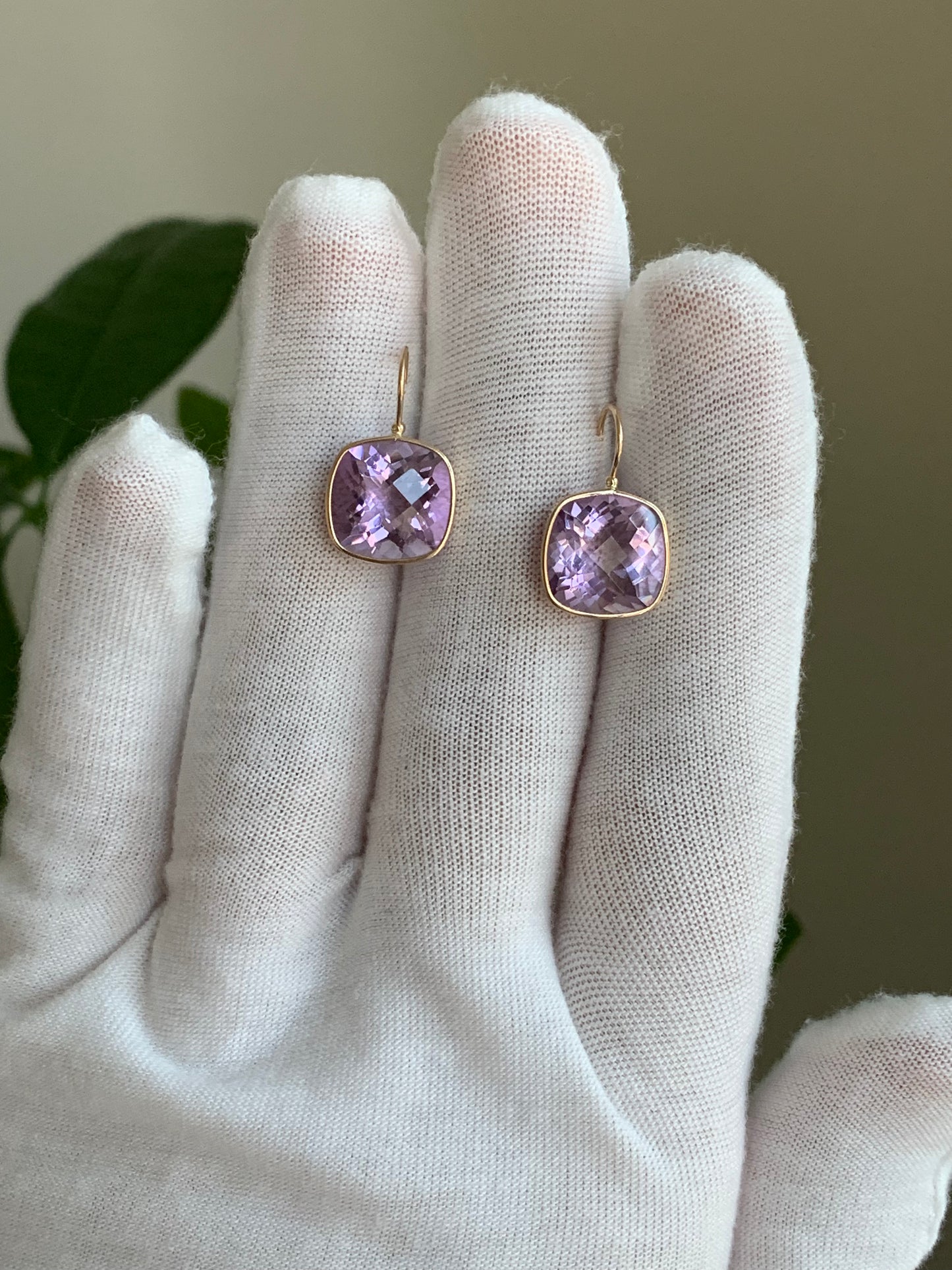 14k Solid Rose Gold, Pink Amethyst Earrings, Cushion Shaped, Fish Hook Ear Wires