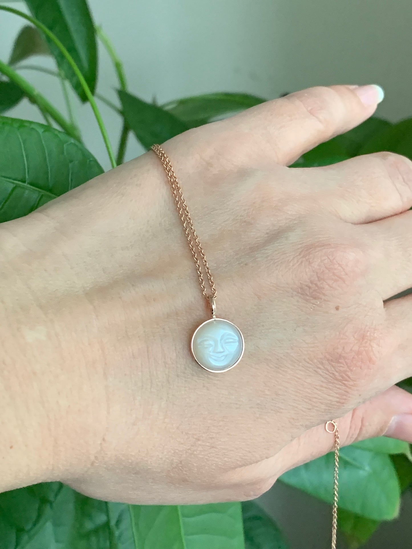 14k Solid Rose Gold, Natural White Moonstone "Moon" Pendant, Small Size