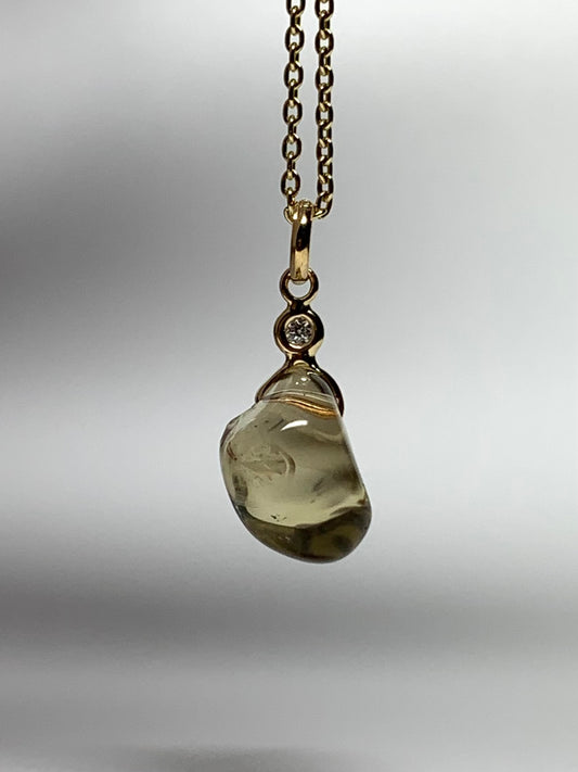 14k Solid Yellow Gold, Diamond, Lemon Quartz Tumbled Nugget Bead Pendant, Mini Size