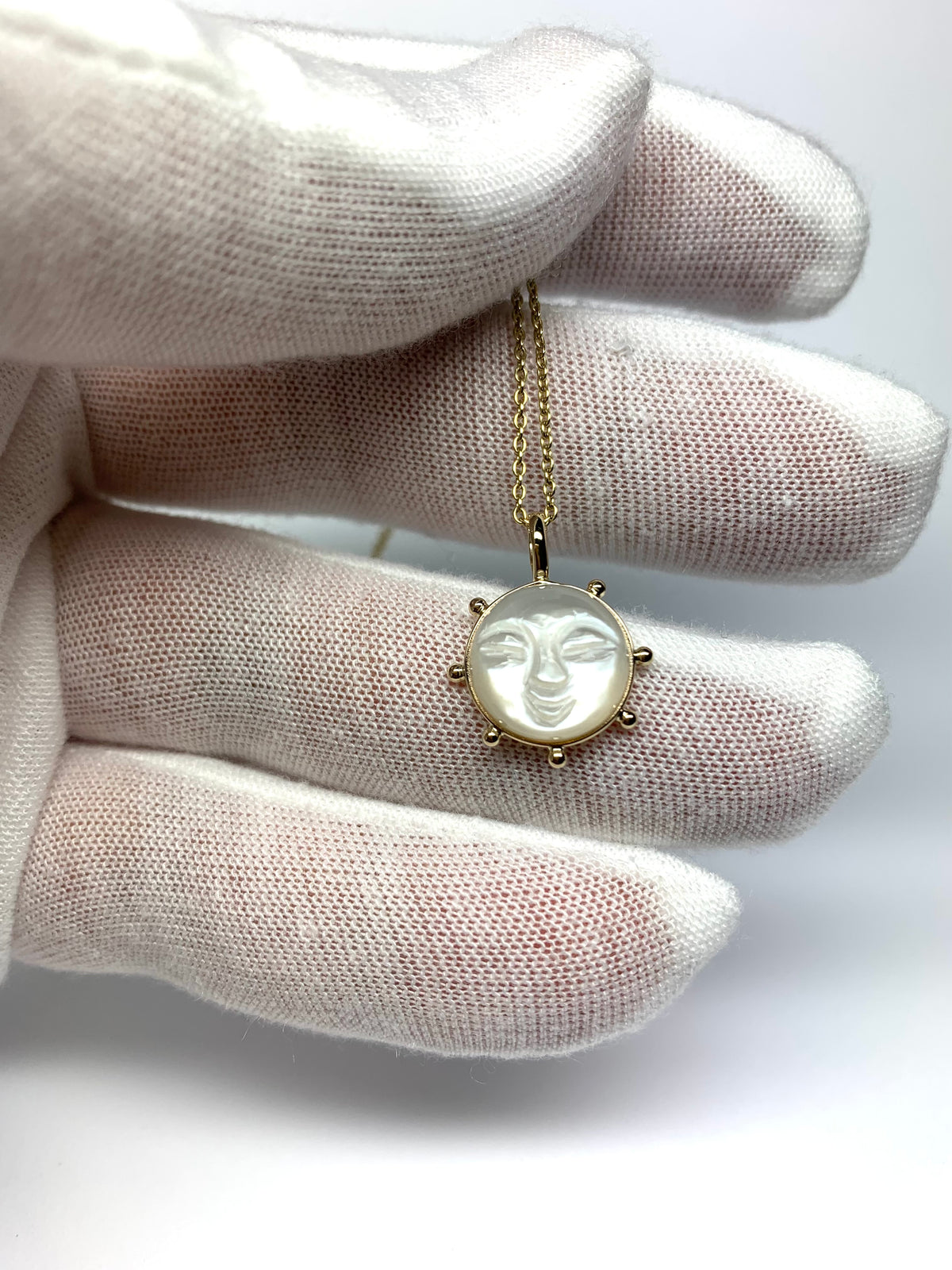 14k Solid Yellow Gold, White Moonstone “Sun” Pendant, Small Size