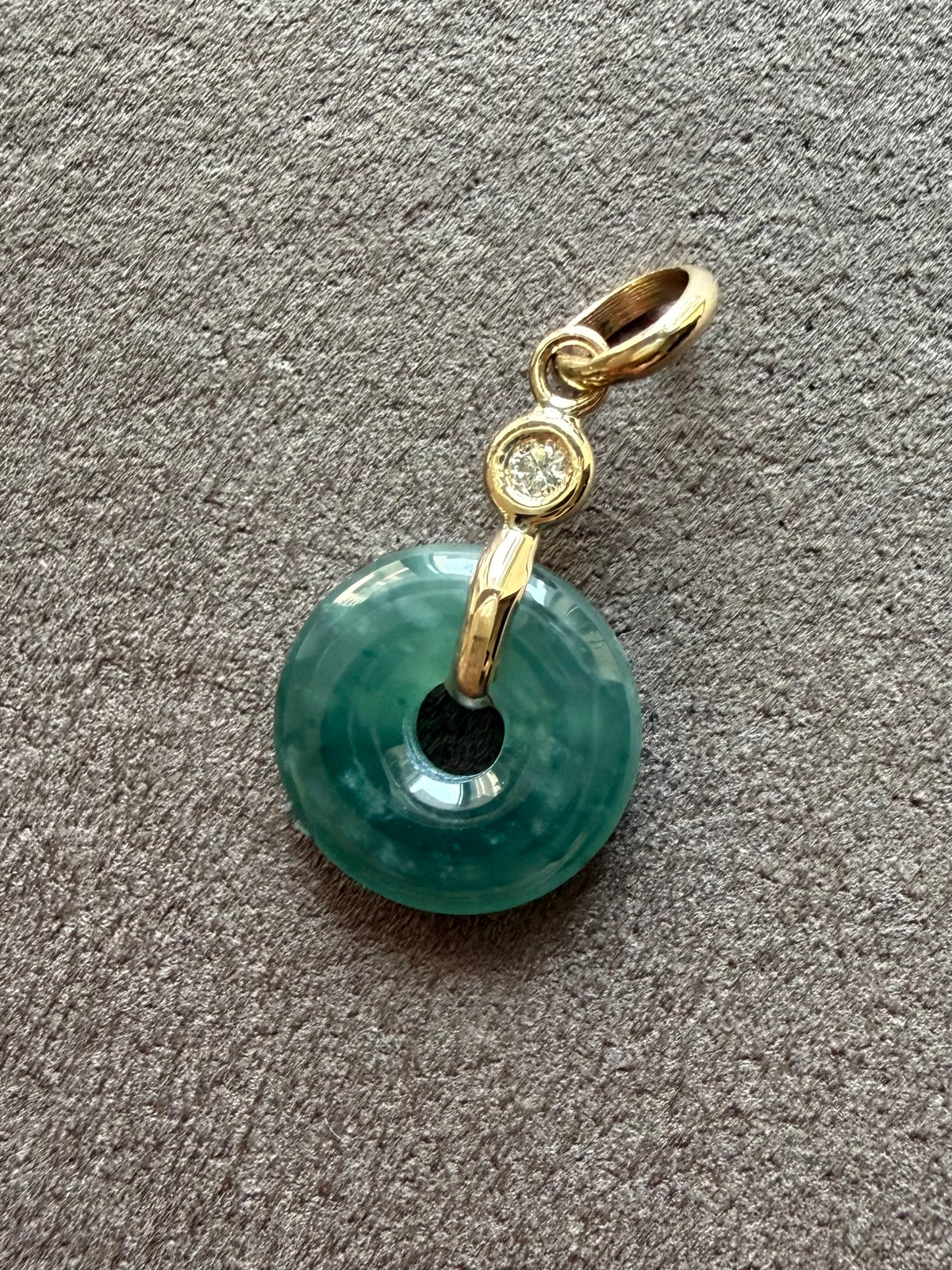 14k Solid Yellow Gold, White Diamond, Green Jade “Donut” Pendant, Tiny Size