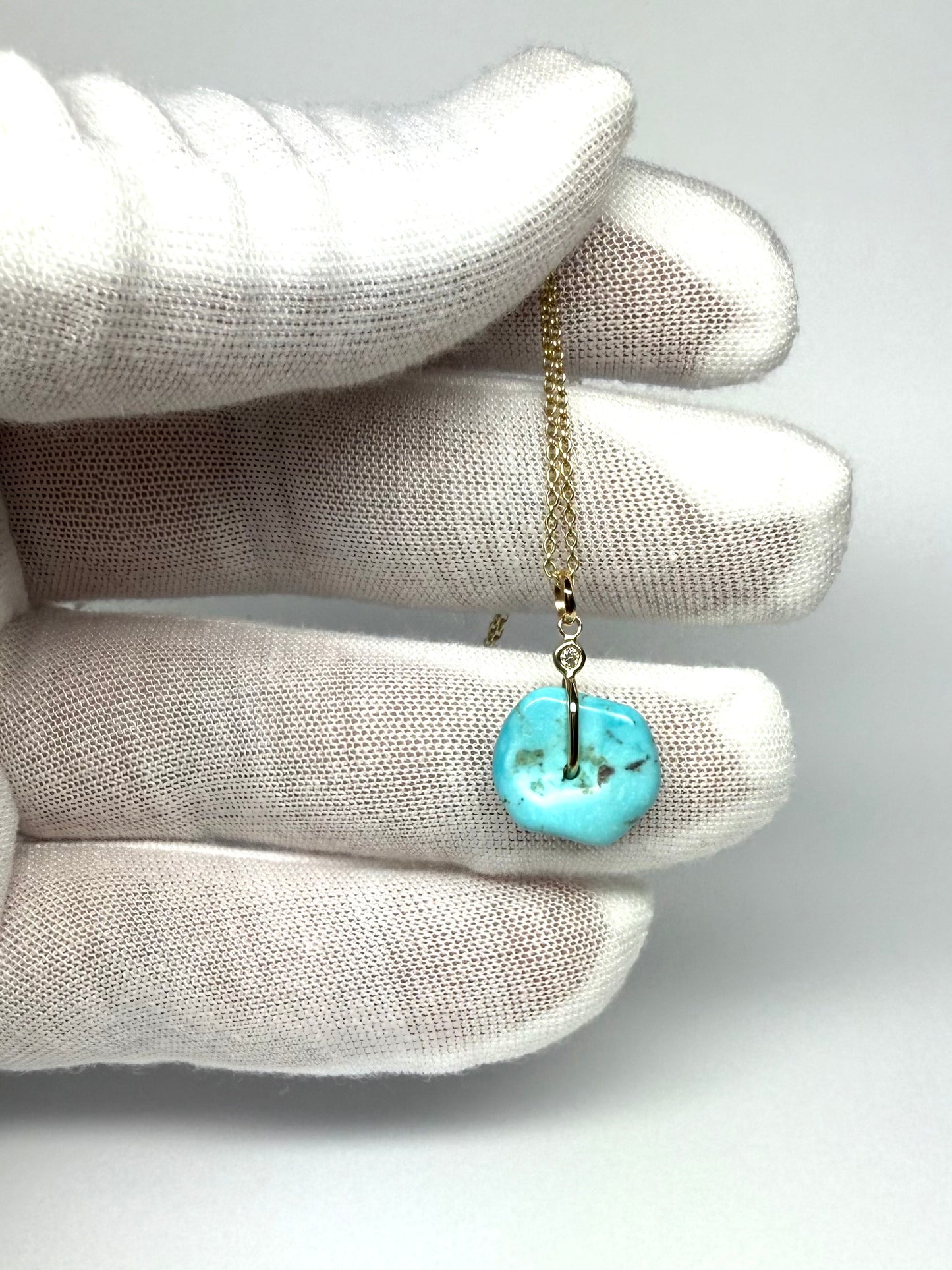 14K Solid Yellow Gold, White Diamond, Blue Turquoise “Donut” Mini Pendant