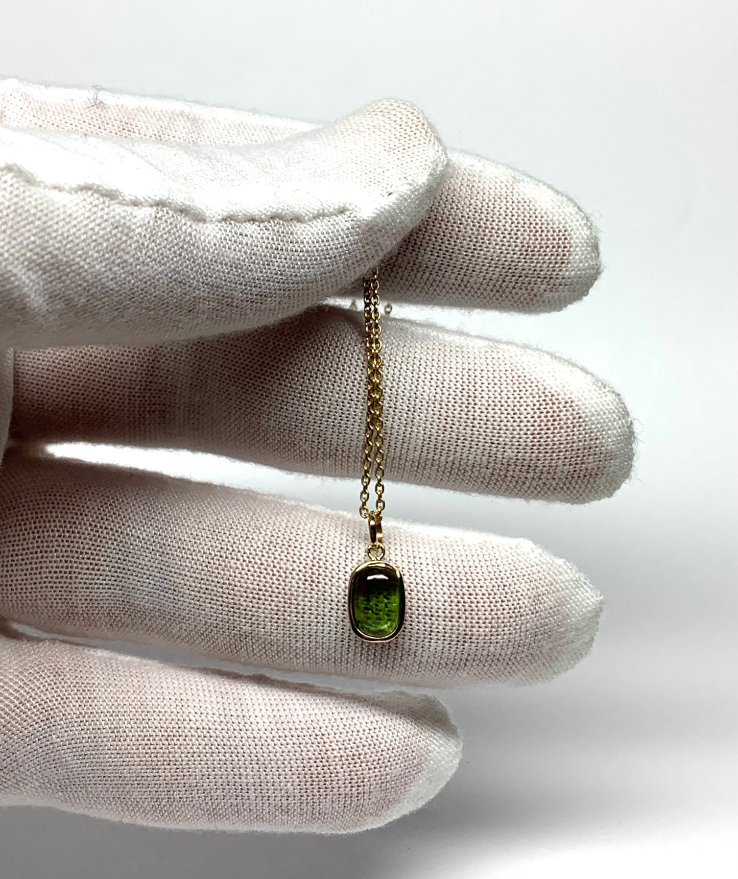 14k Solid Yellow Gold, Natural Green Tourmaline Cabochon Tiny Pendant