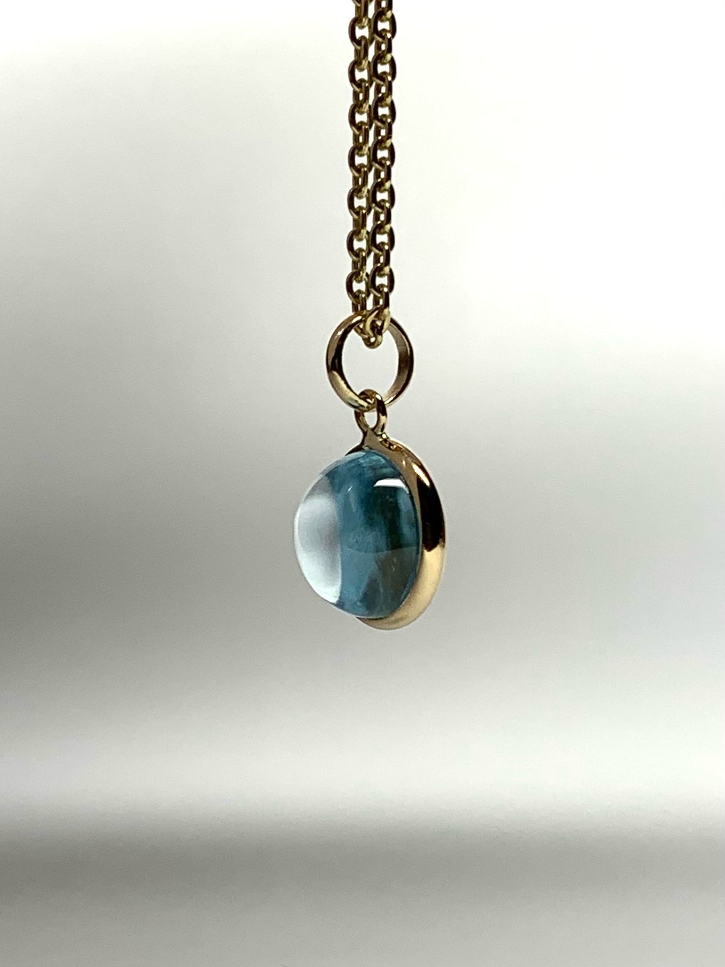 14k Solid Yellow Gold, Blue Topaz Round Cabochon Mini Pendant