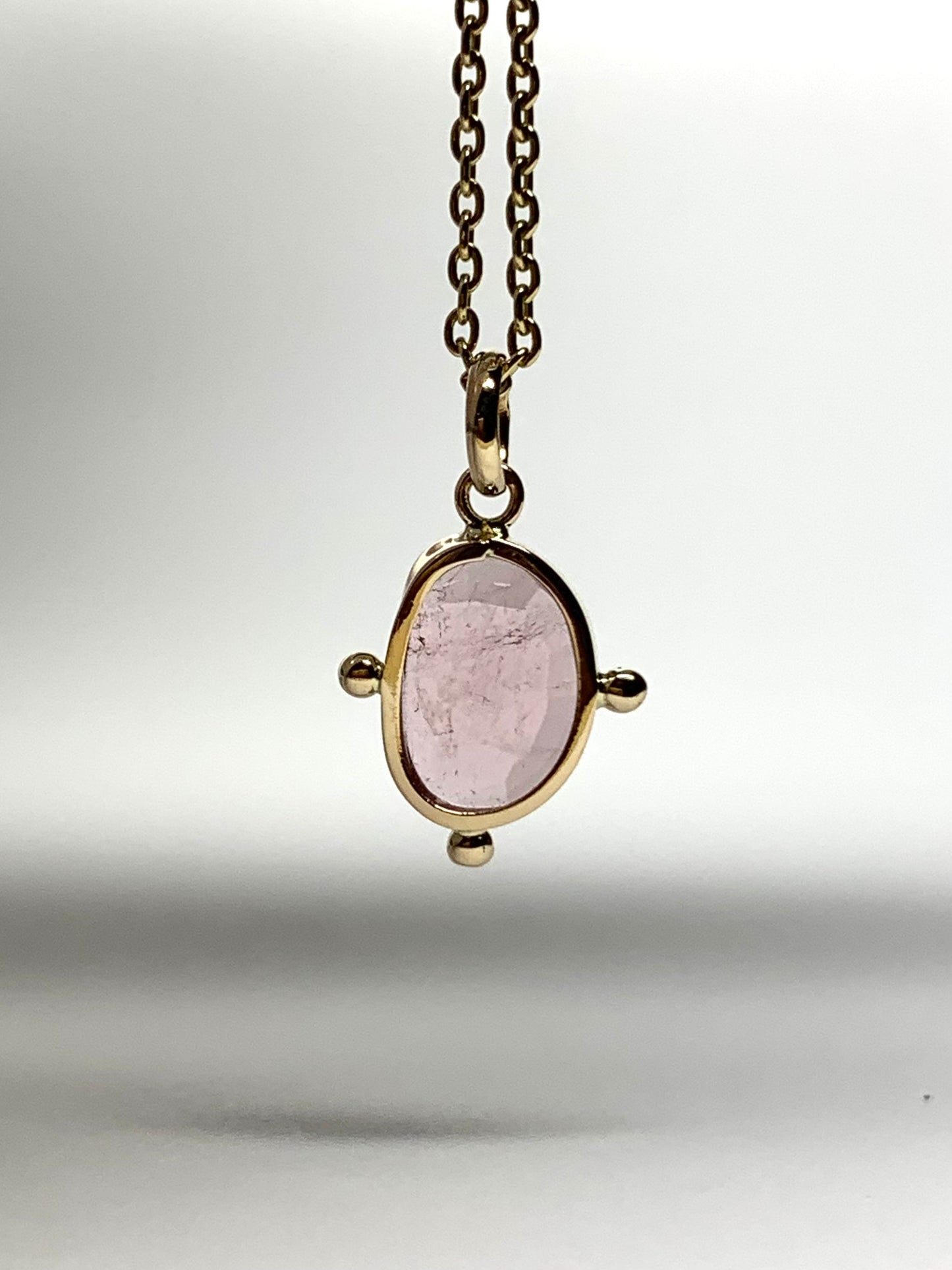 14k Solid Yellow Gold, Natural Pink Tourmaline Pendant, Gold Dots