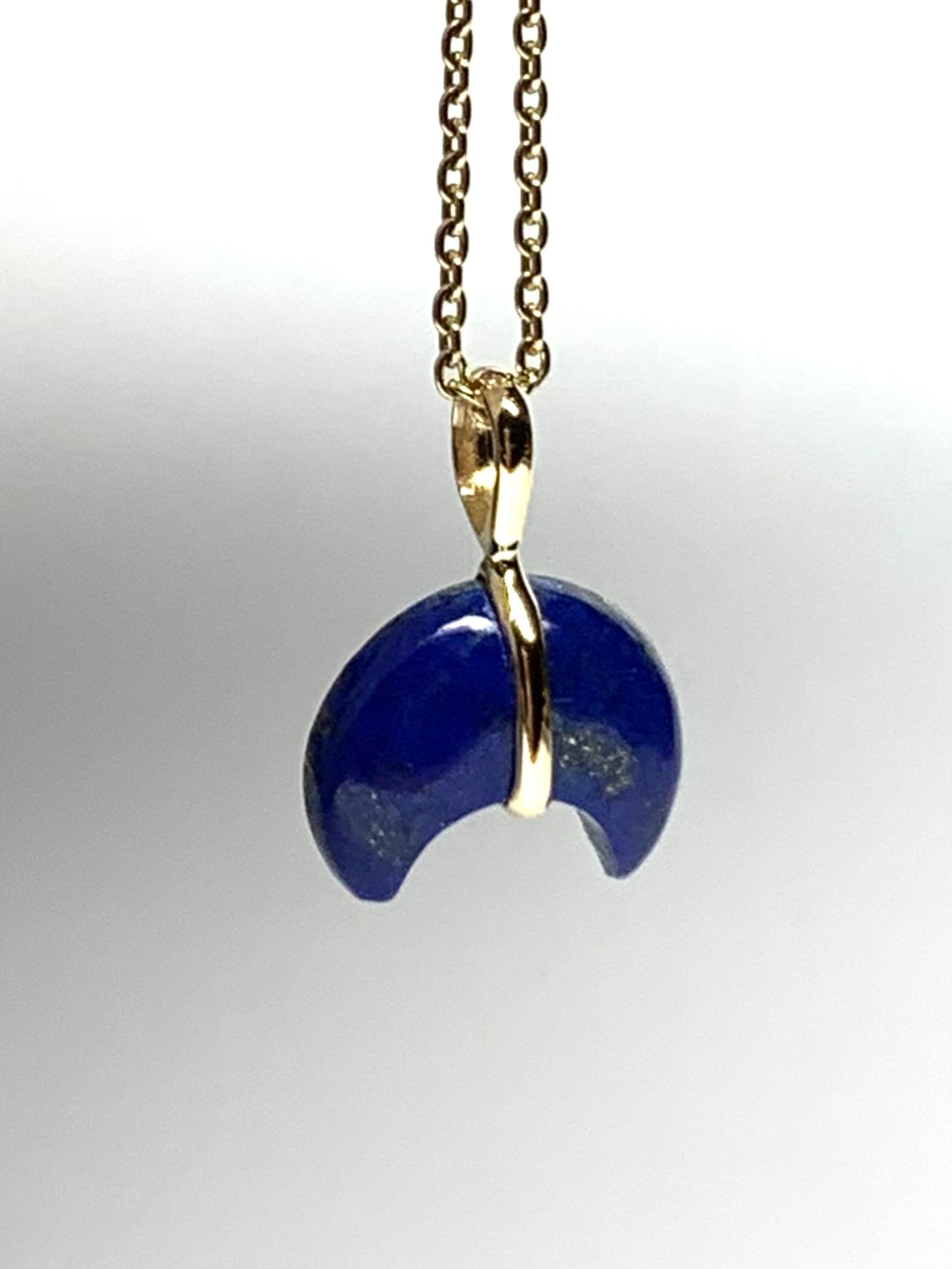 14k Solid Yellow Gold, Blue Lapis Lazuli “Crescent Moon” Pendant, Mini Size