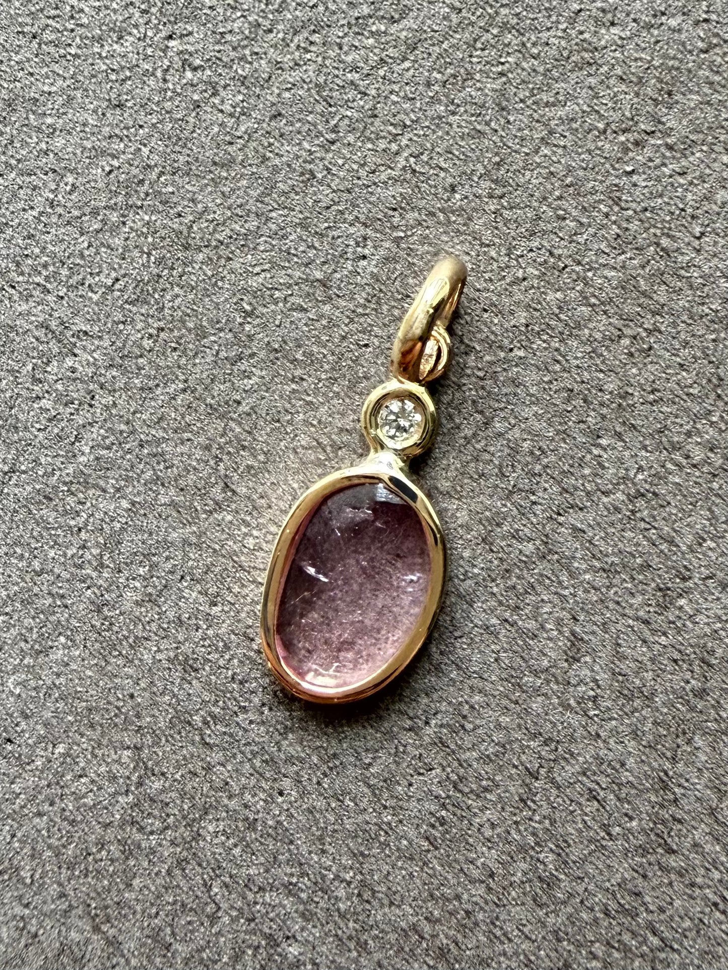 14k Solid Yellow Gold, White Diamond, Pink Tourmaline Tiny Pendant