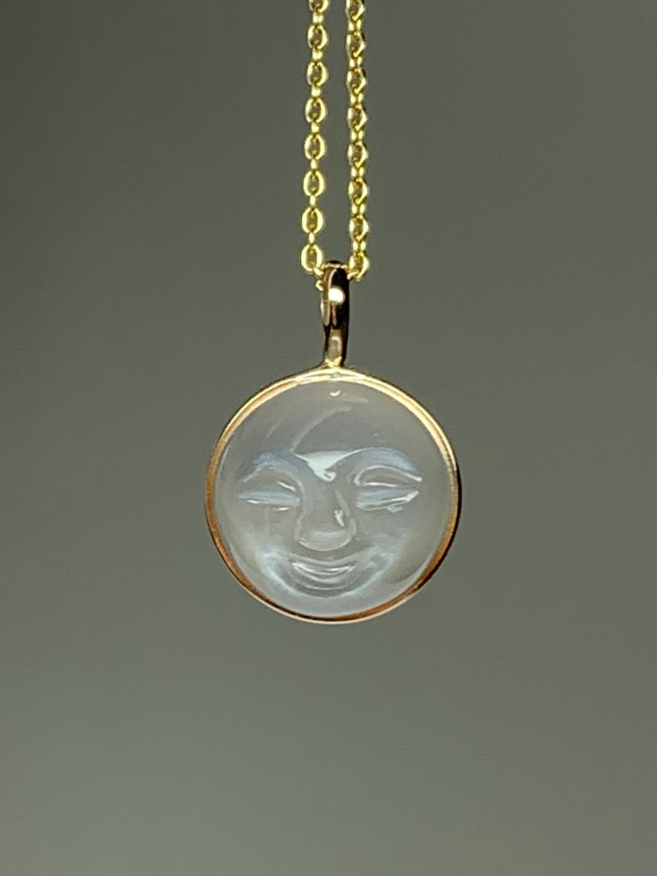 14K Solid Yellow Gold, Grey Moonstone "Moon" Pendant, Small Size