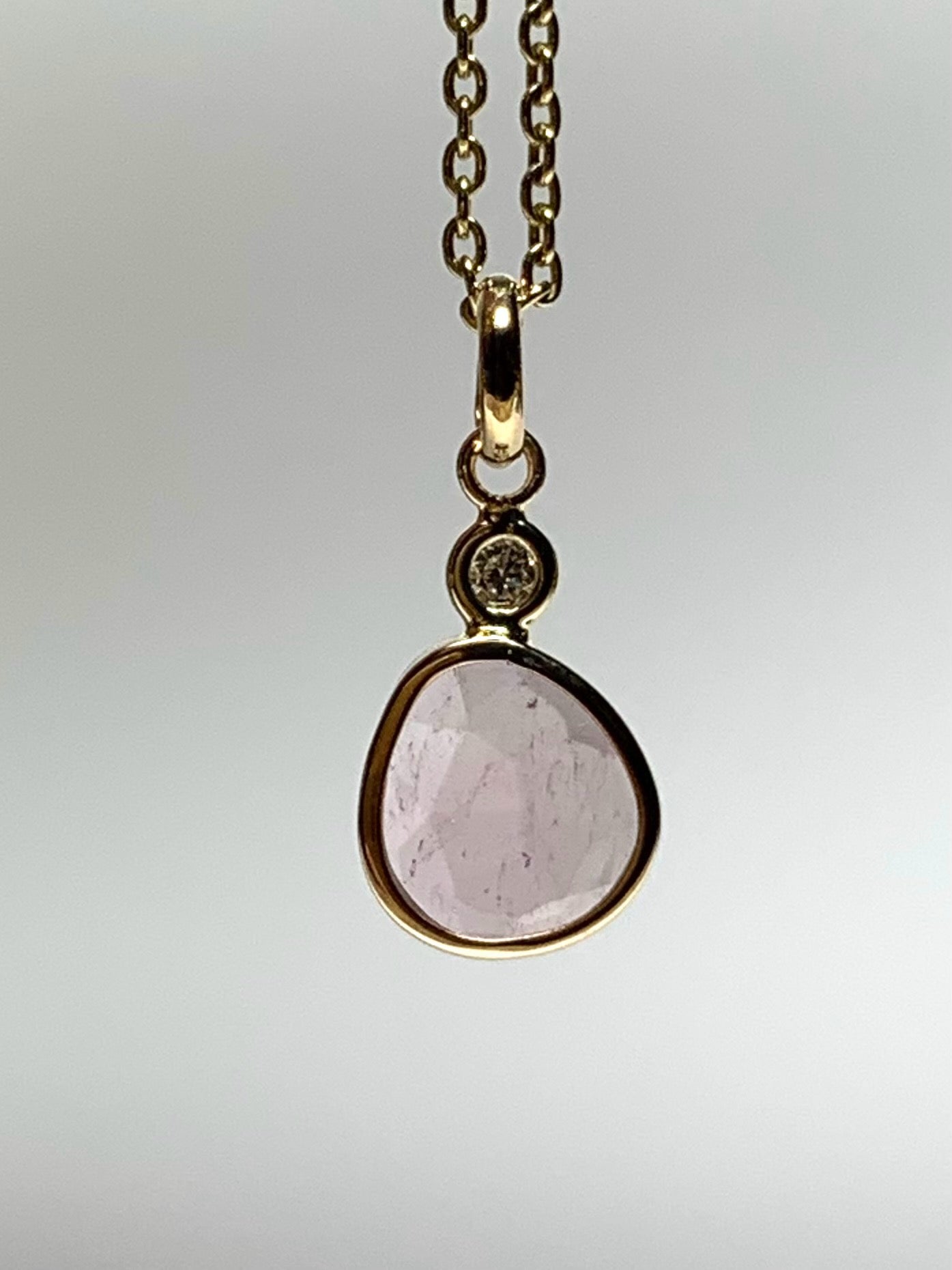14k Solid Yellow Gold, Natural White Diamond, Natural Pink Tourmaline Tiny Pendant