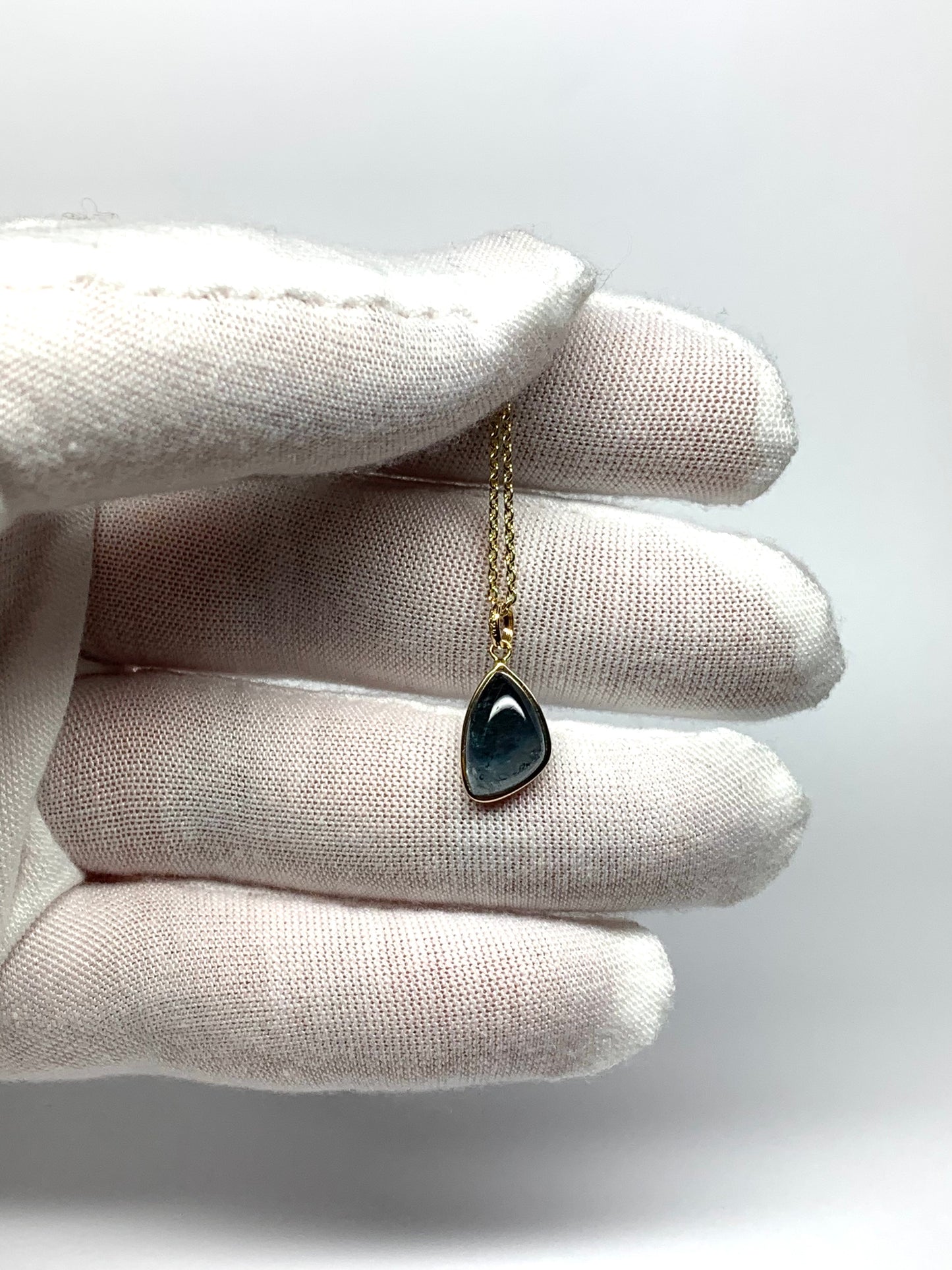 14k Solid Yellow Gold, Natural Blue Tourmaline Cabochon Pendant