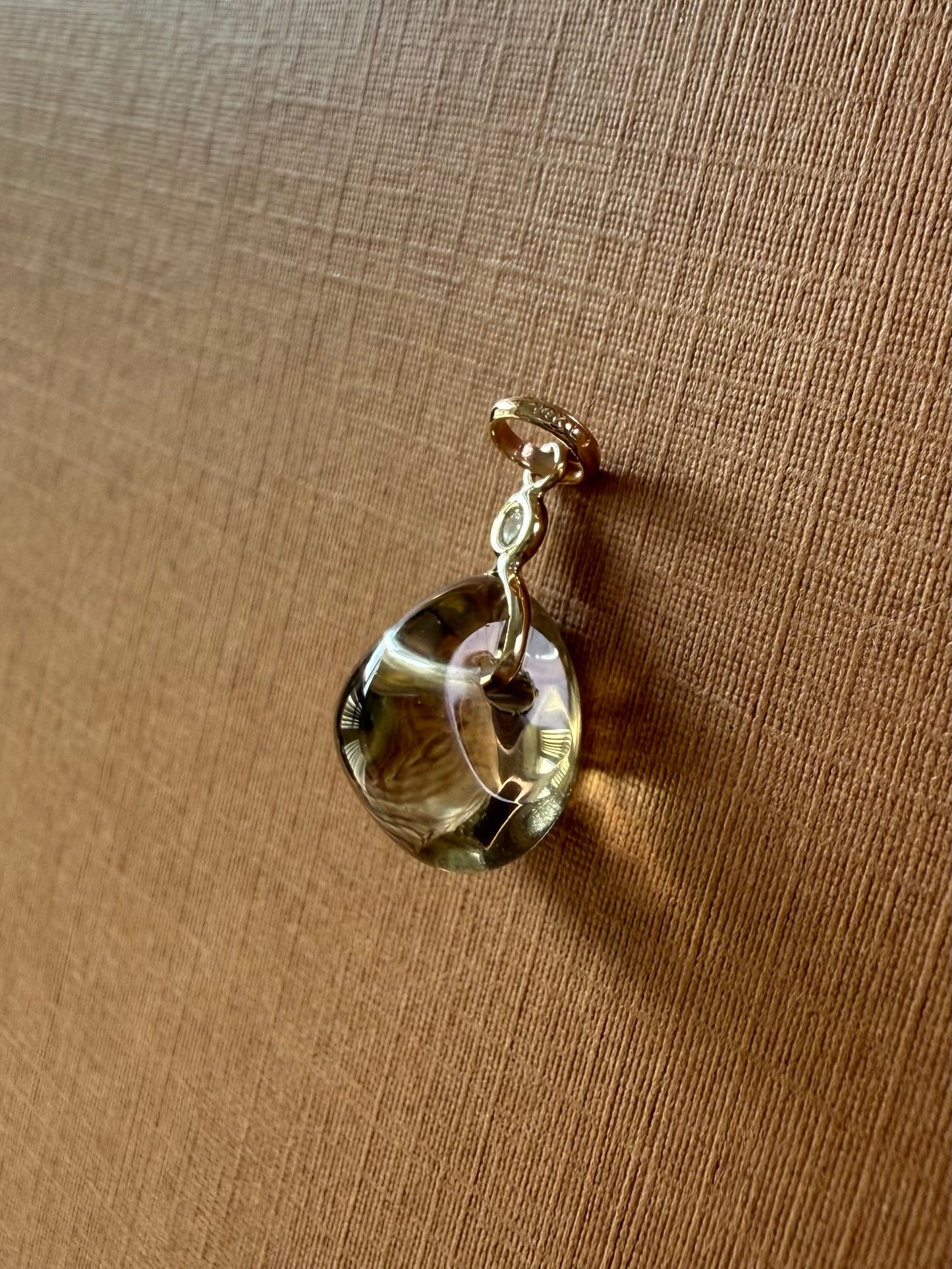 14k Solid Yellow Gold, Diamond, Dark Lemon Quartz Tumbled Nugget Bead Pendant, Mini Size