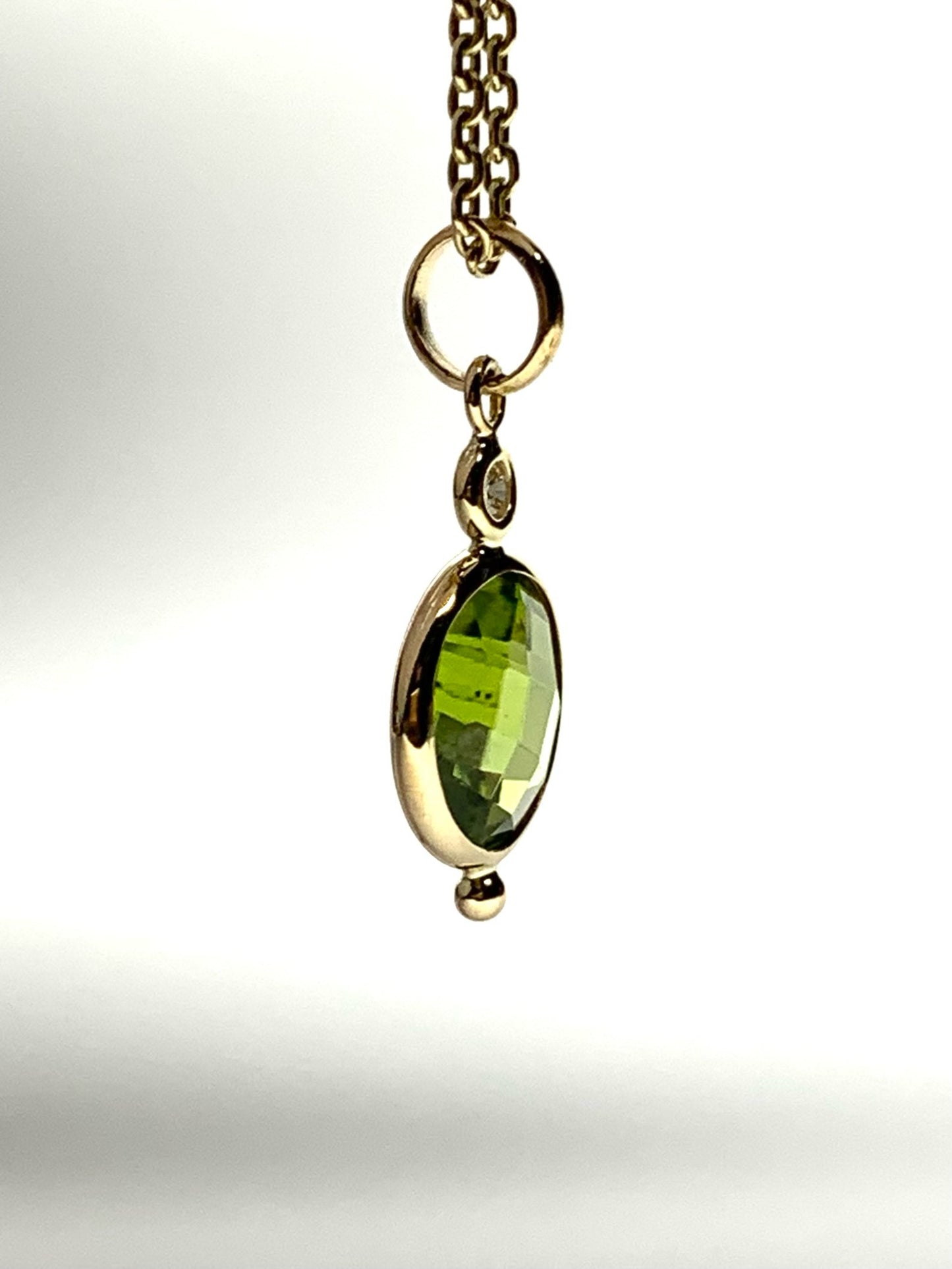 14k Solid Yellow Gold, Diamond, Green Peridot Mini Pendant