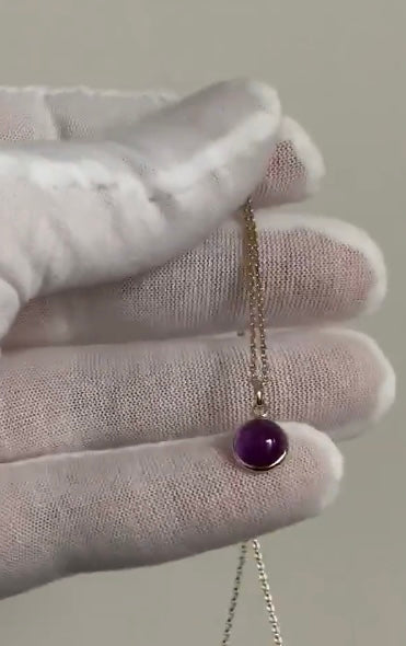 14k Solid Yellow Gold, Purple Amethyst Round Cabochon Mini Pendant
