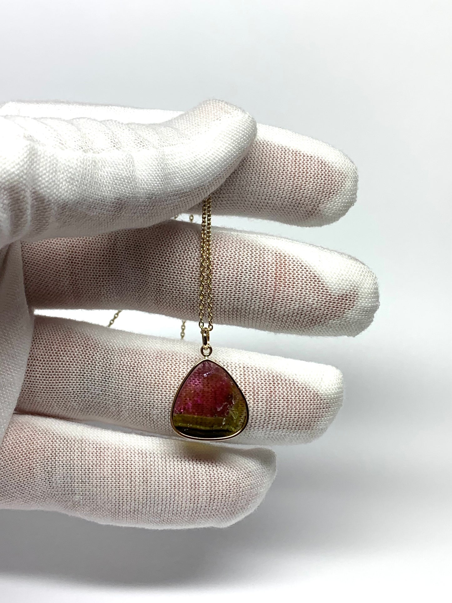 14k Solid Yellow Gold, Natural Pink Green Tourmaline Pendant
