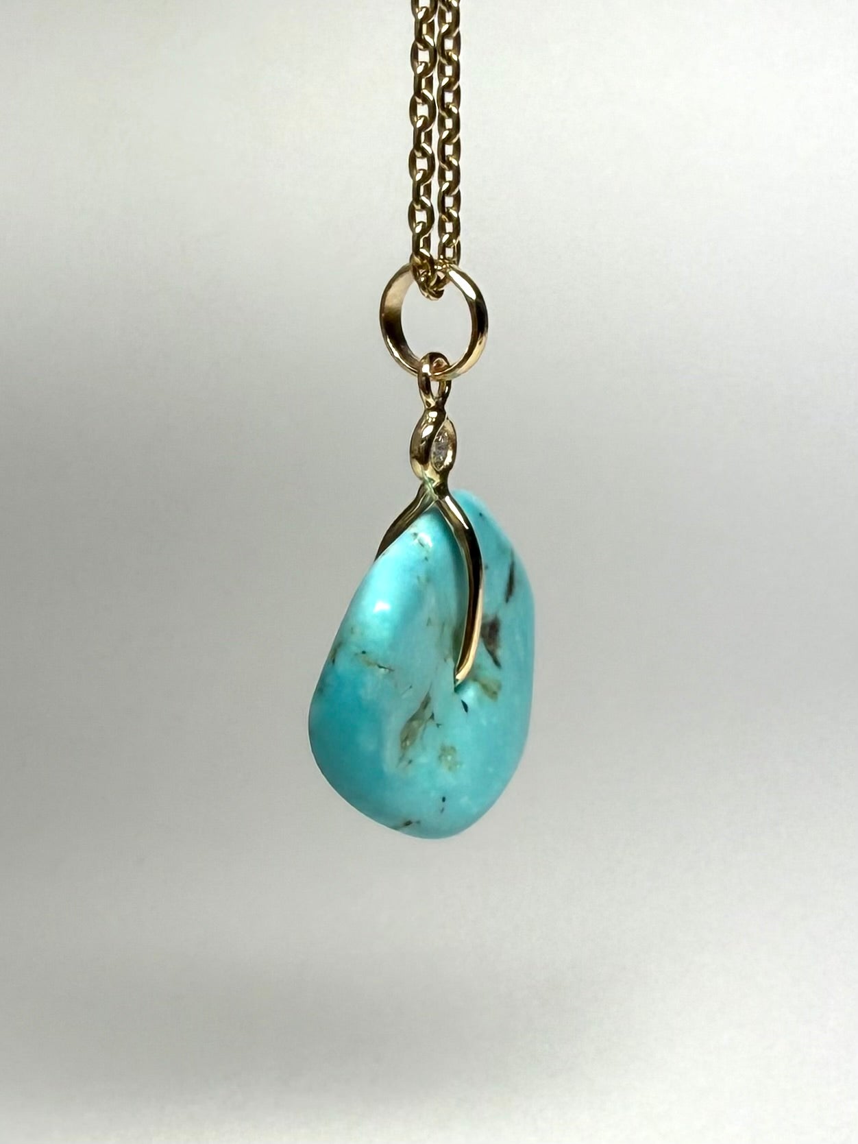 14K Solid Yellow Gold, White Diamond, Blue Turquoise “Donut” Mini Pendant