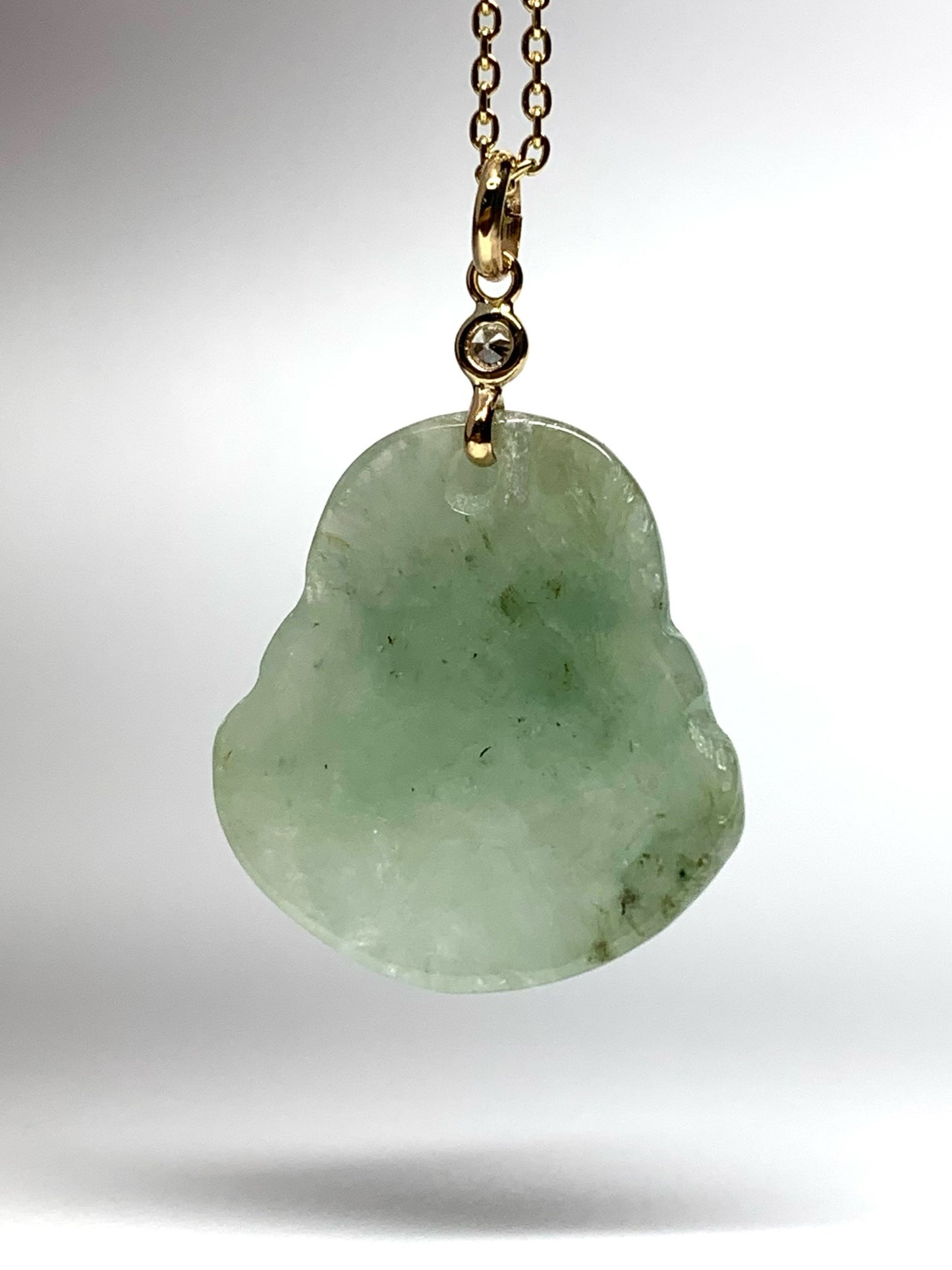 14K Solid Yellow Gold, Diamond, Pale Green Jade “Buddha” Pendant