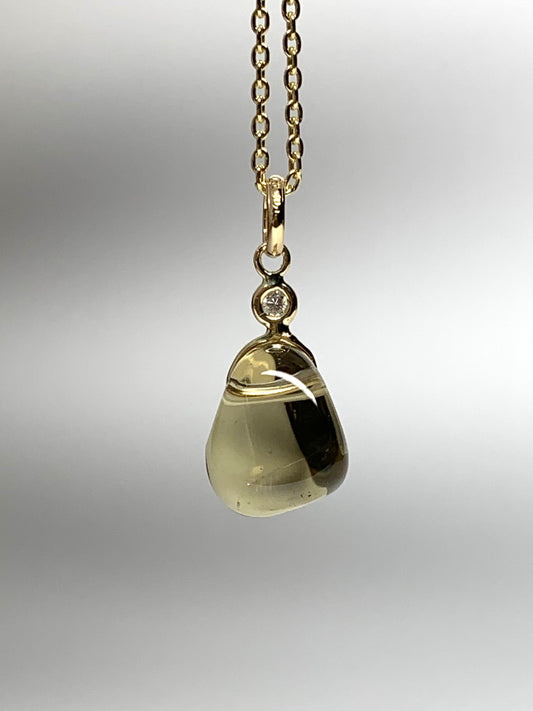 14k Solid Yellow Gold, Diamond, Lemon Quartz Tumbled Nugget Bead Pendant, Mini Size