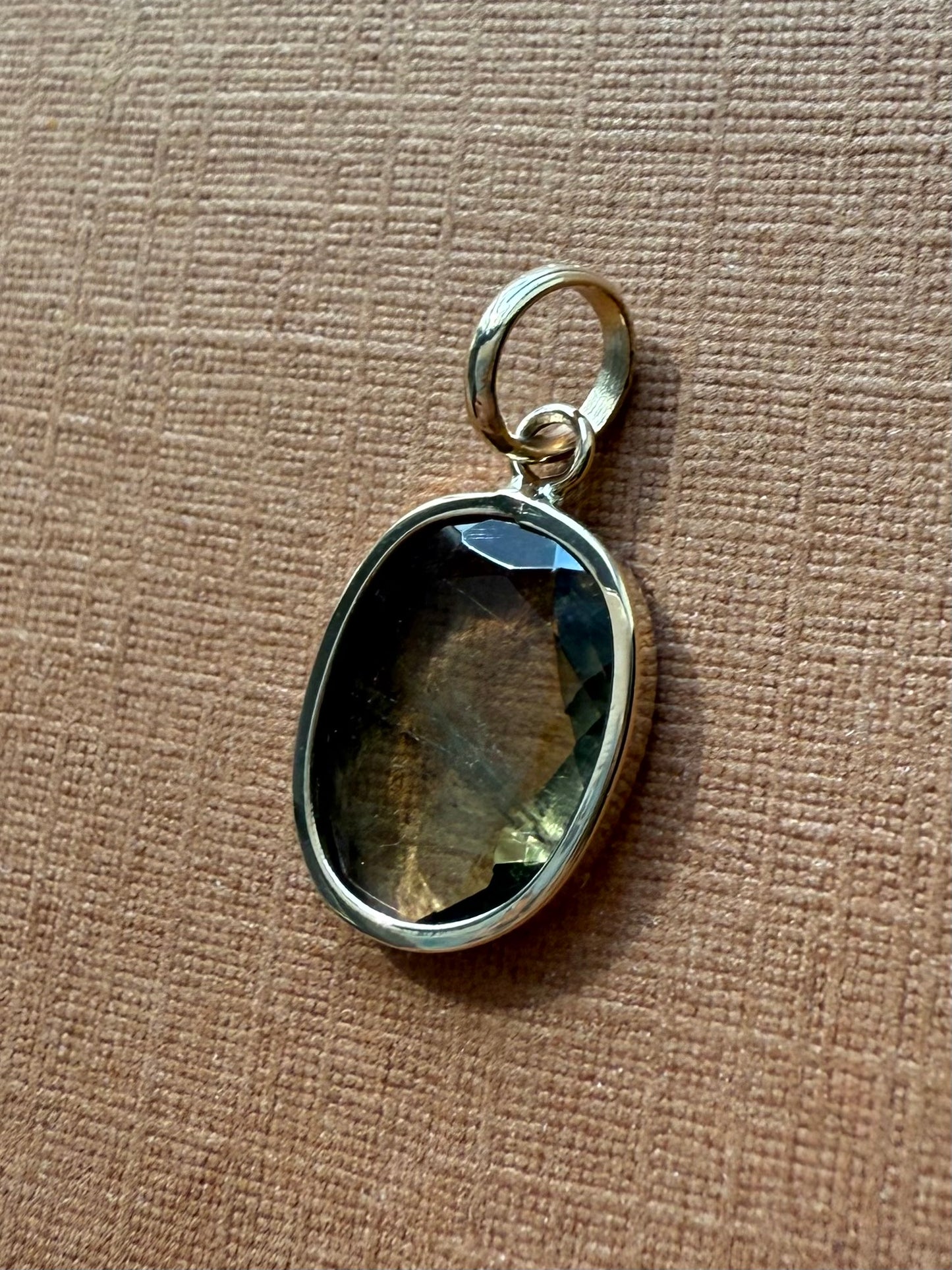 14k Solid Yellow Gold, Natural Light Khaki Green Tourmaline Mini Pendant