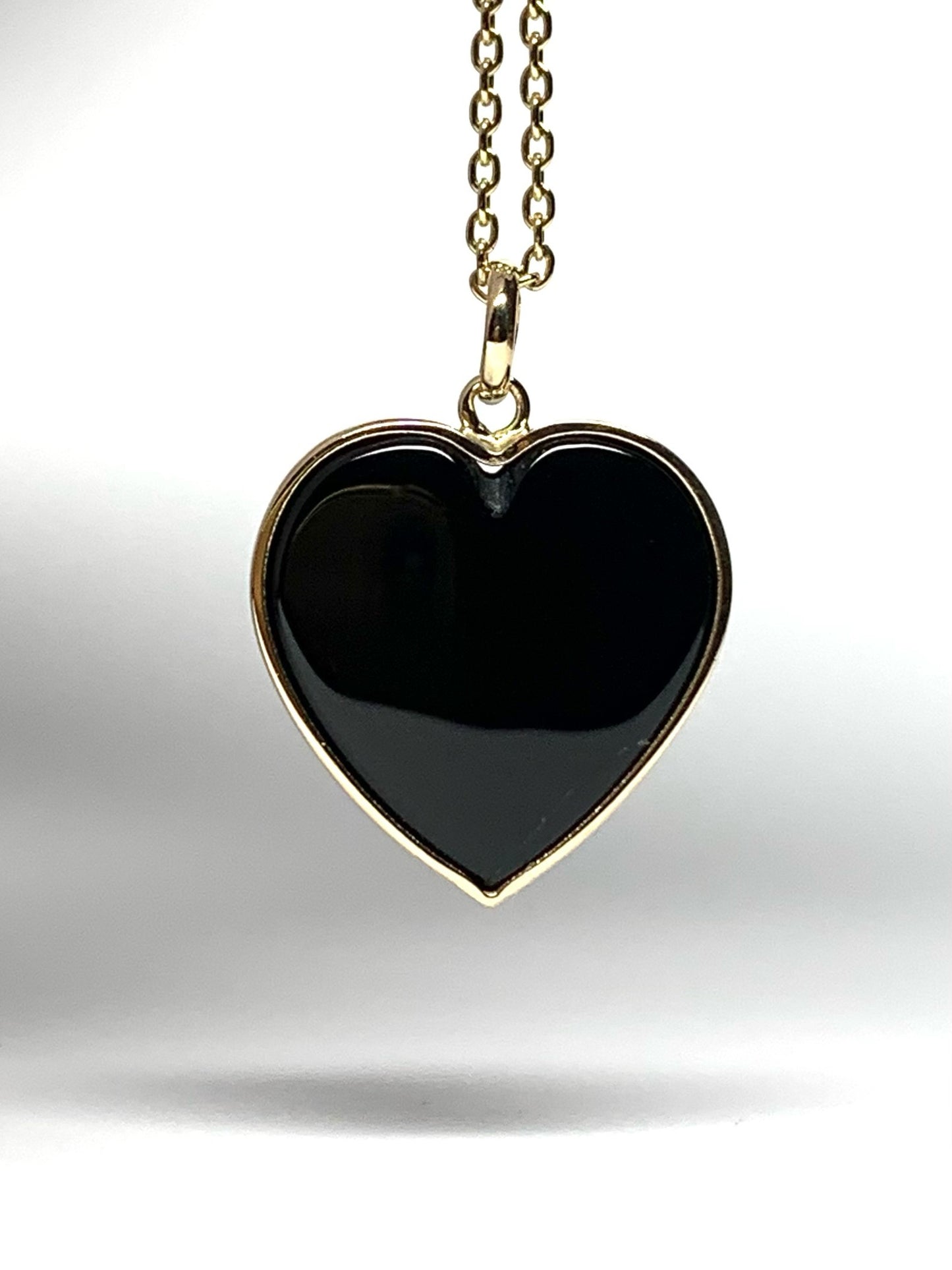 14K Solid Yellow Gold, Black Onyx "Heart" Pendant, Small Size