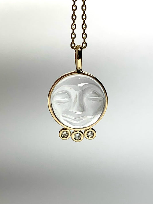 14k Solid Yellow Gold, Clear Quartz, White Diamonds “Moon and Stars” Pendant, Carved Face, Small Size