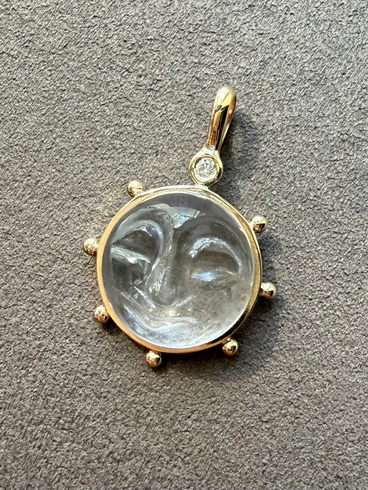 14k Solid Yellow Gold, Clear Quartz, Diamond “Sun” Pendant