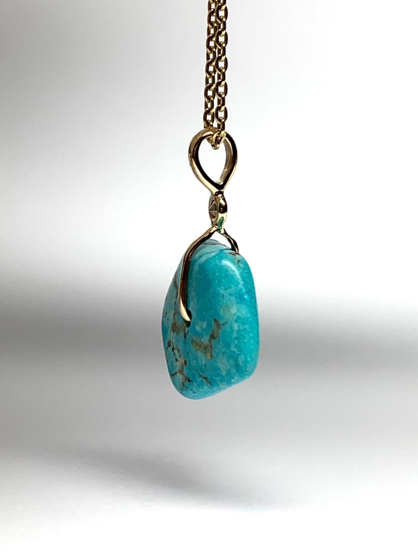 14K Solid Yellow Gold, White Diamond, Blue Turquoise “Donut” Mini Pendant