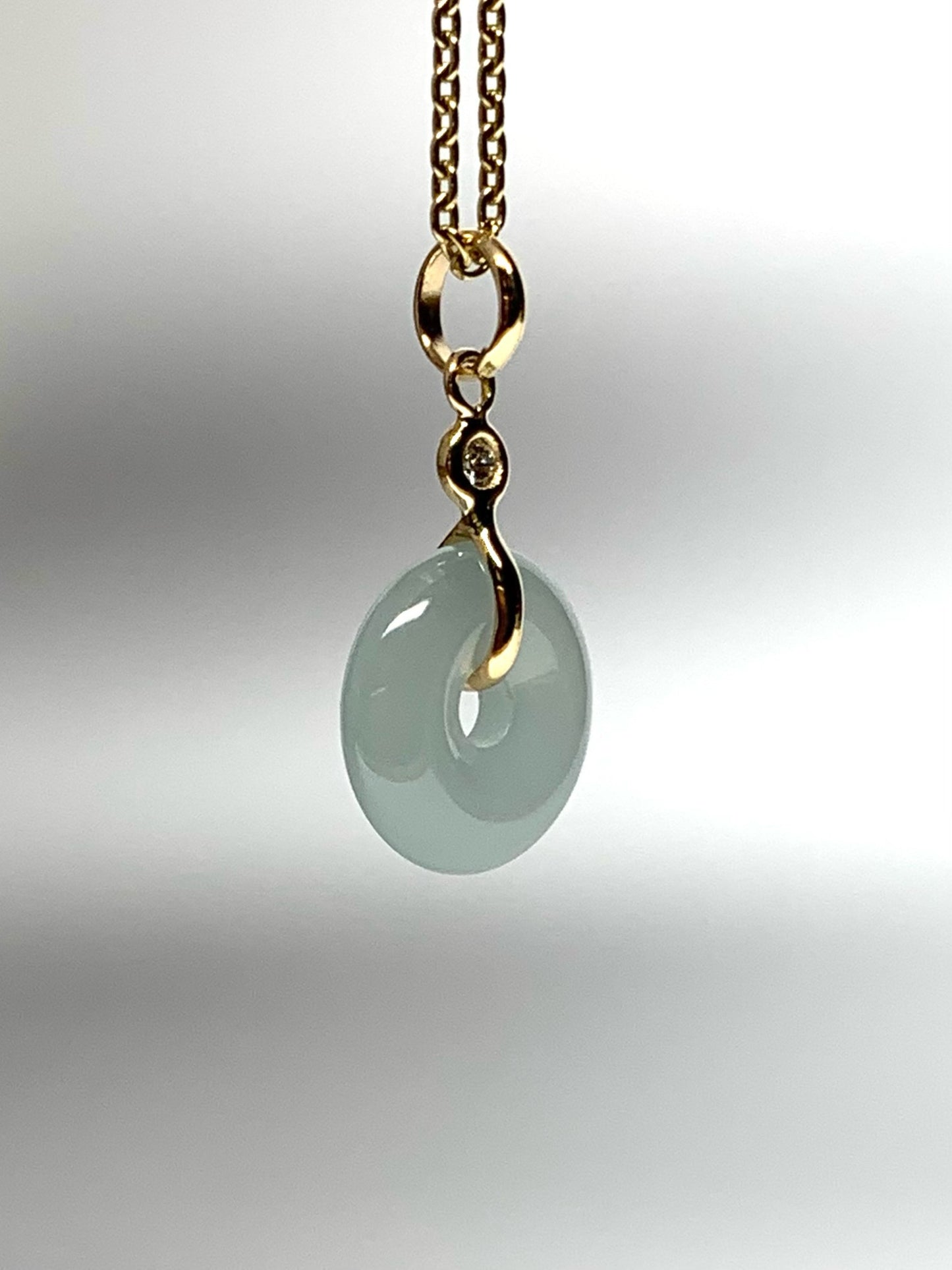 14k Solid Yellow Gold, White Diamond, Pale Green Jade “Donut” Pendant, Tiny Size