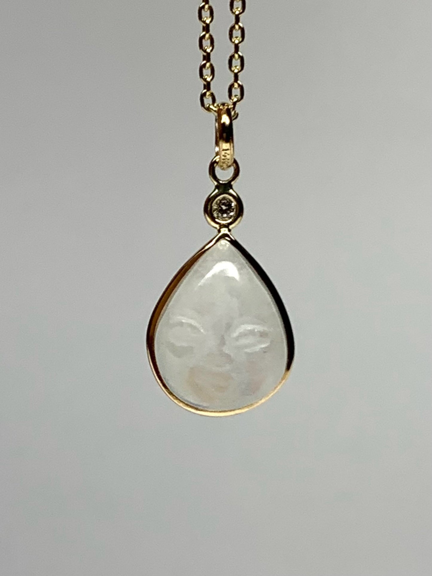 14k Solid Yellow Gold, White Diamond, Rainbow Moonstone “Rainbow Moon” Pendant, Mini Size