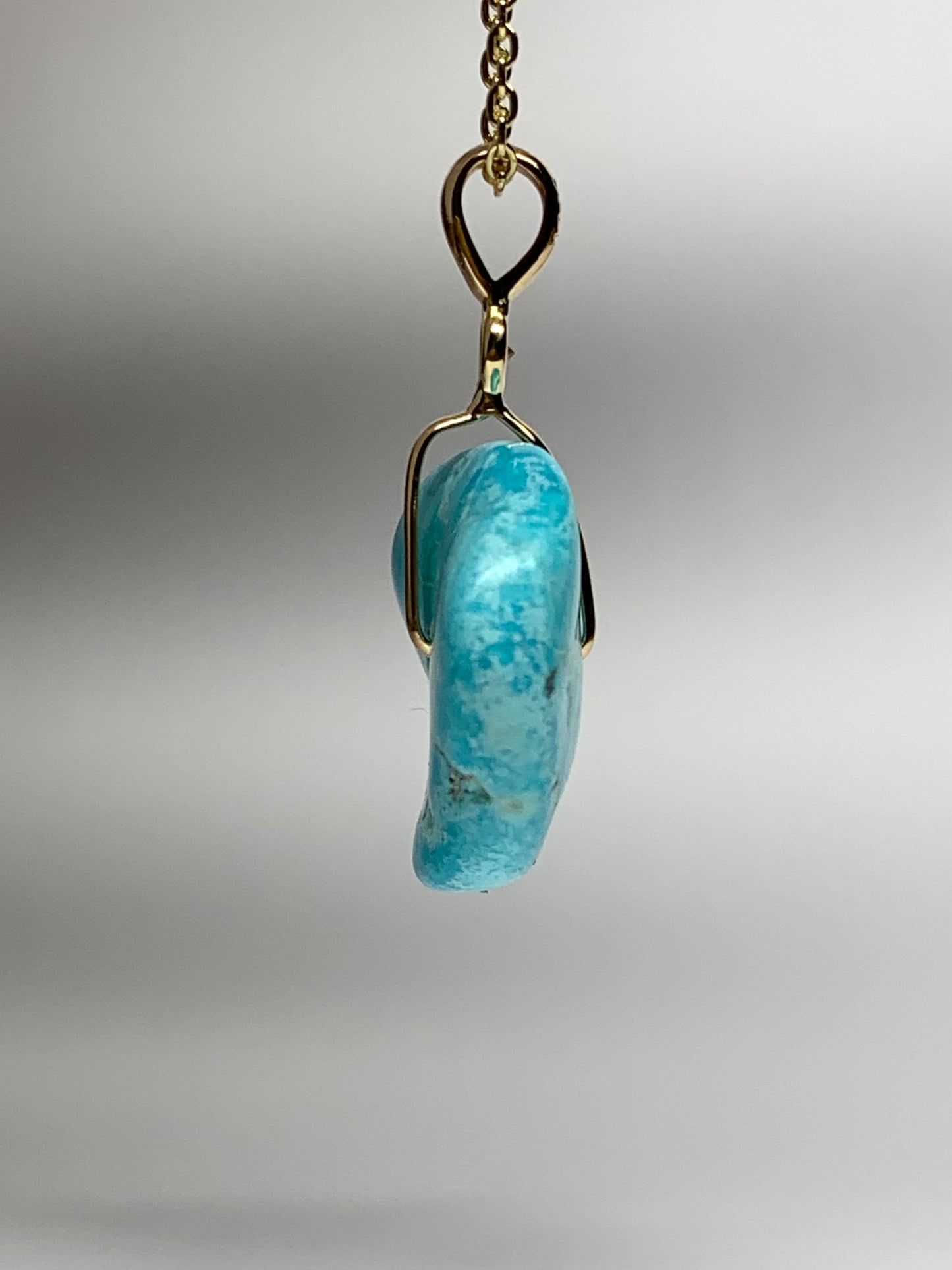 14K Solid Yellow Gold, White Diamond, Blue Turquoise “Donut” Pendant