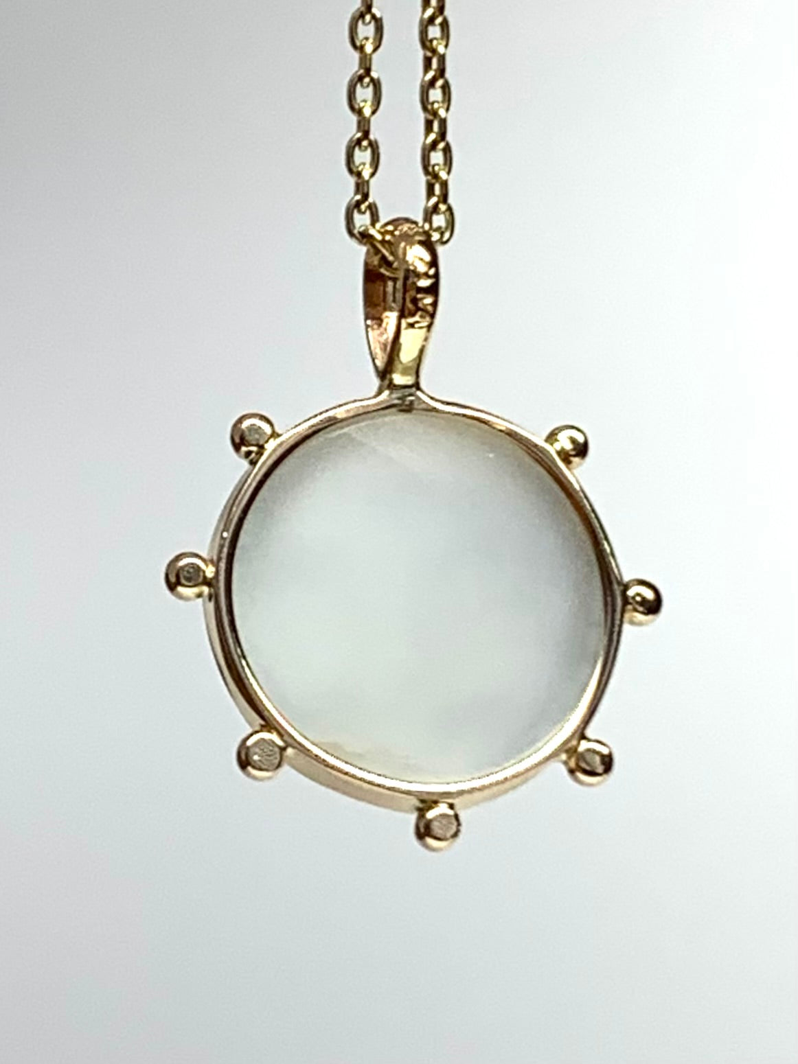 14k Solid Yellow Gold, White Moonstone “Sun” Pendant, Small Size