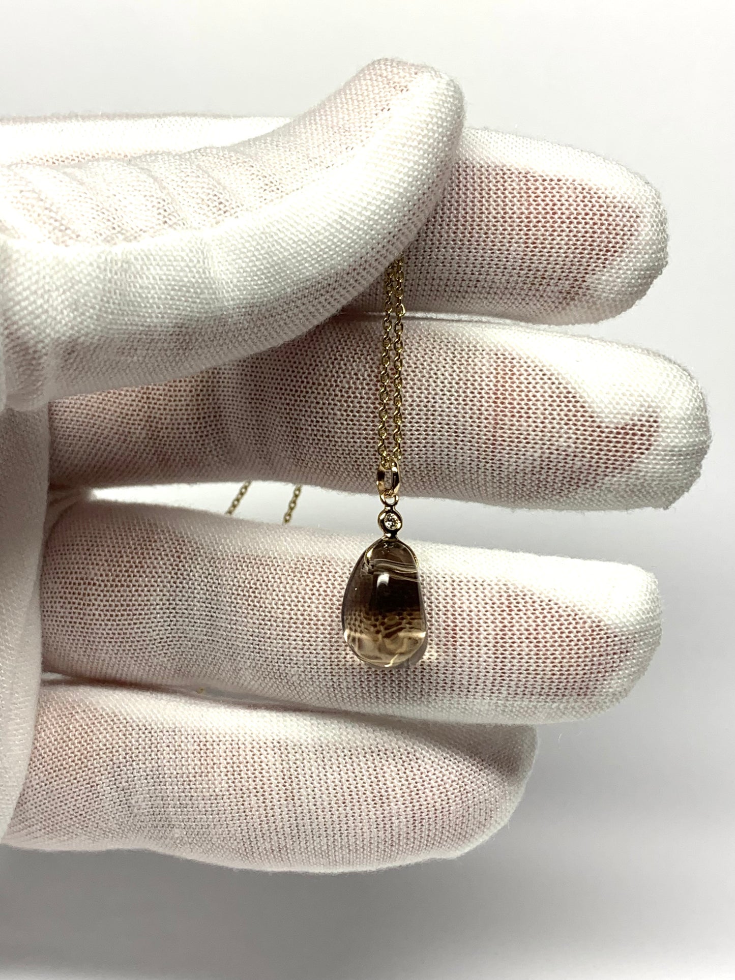 14k Solid Yellow Gold, Diamond, Smoky Quartz Tumbled Nugget Bead Pendant, Mini Size