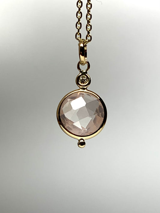 14K Solid Yellow Gold, Diamond, Rose Pink Quartz Mini Pendant