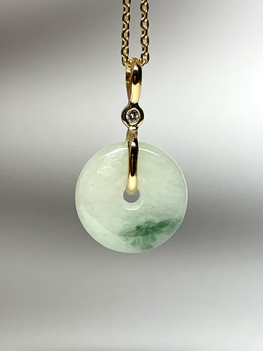 14k Solid Yellow Gold, White Diamond, Pale Green Jade “Donut” Pendant, Mini Size