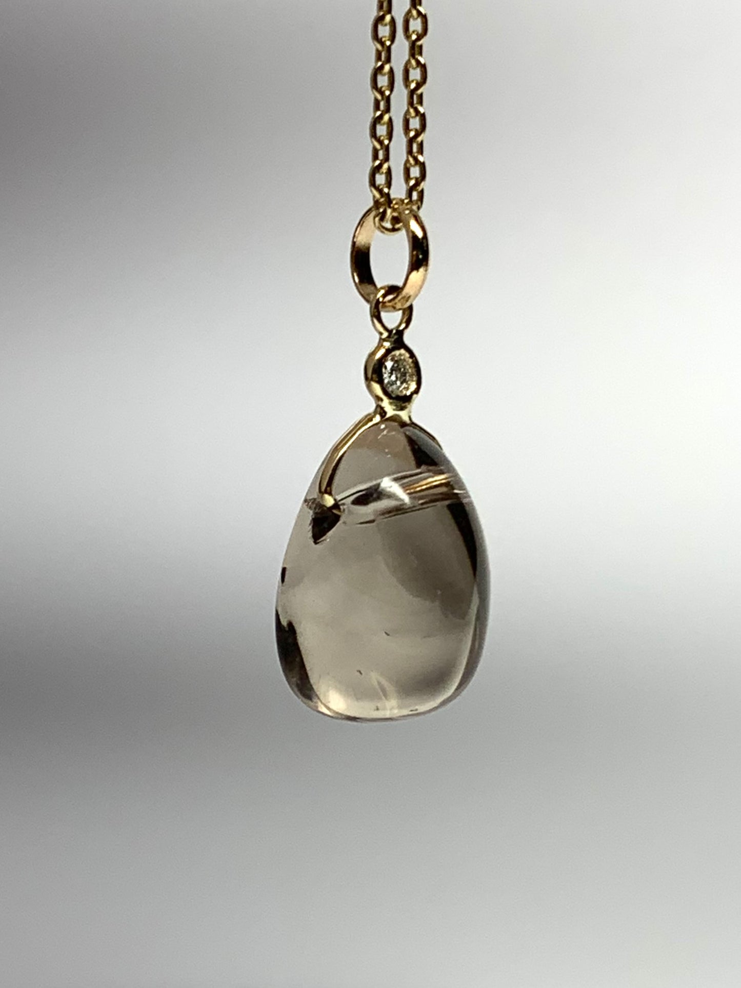 14k Solid Yellow Gold, Diamond, Smoky Quartz Tumbled Nugget Bead Pendant, Mini Size