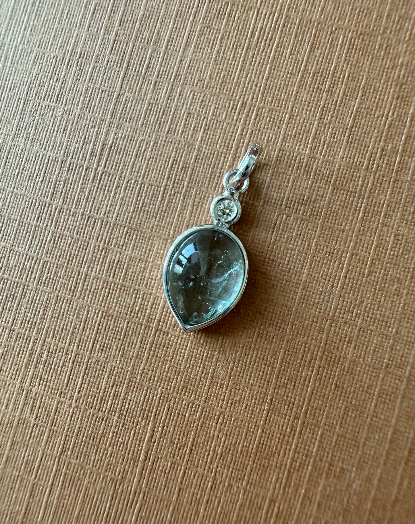 14k Solid White Gold, Diamond, Pale Blue Aquamarine Pear Cabochon Pendant, Mini Size