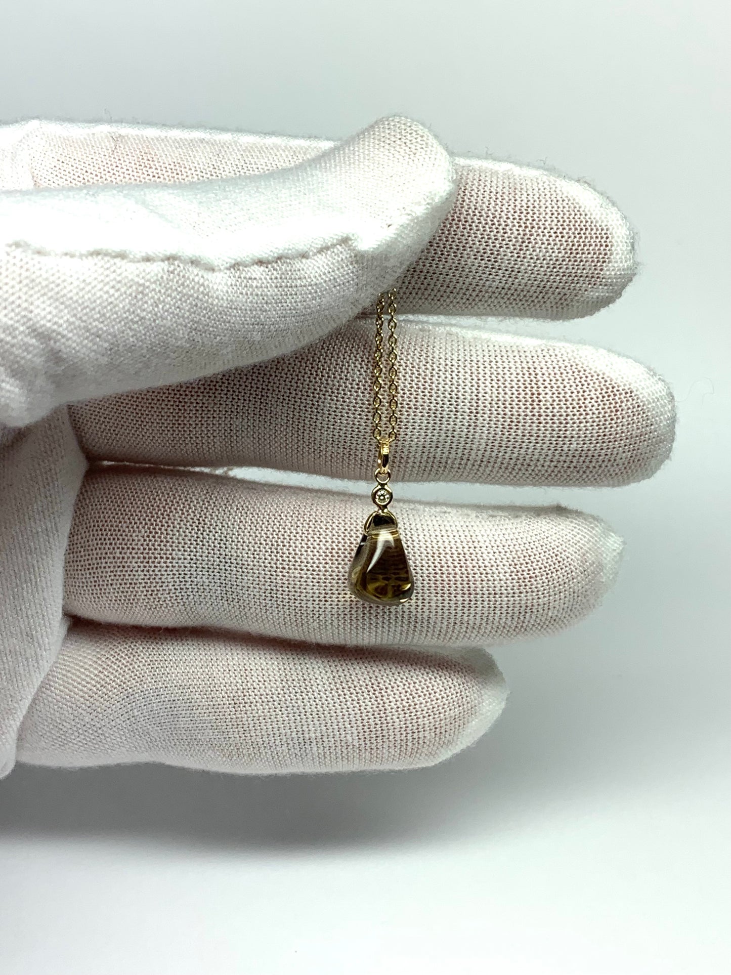 14k Solid Yellow Gold, Diamond, Dark Lemon Quartz Tumbled Nugget Bead Pendant, Mini Size