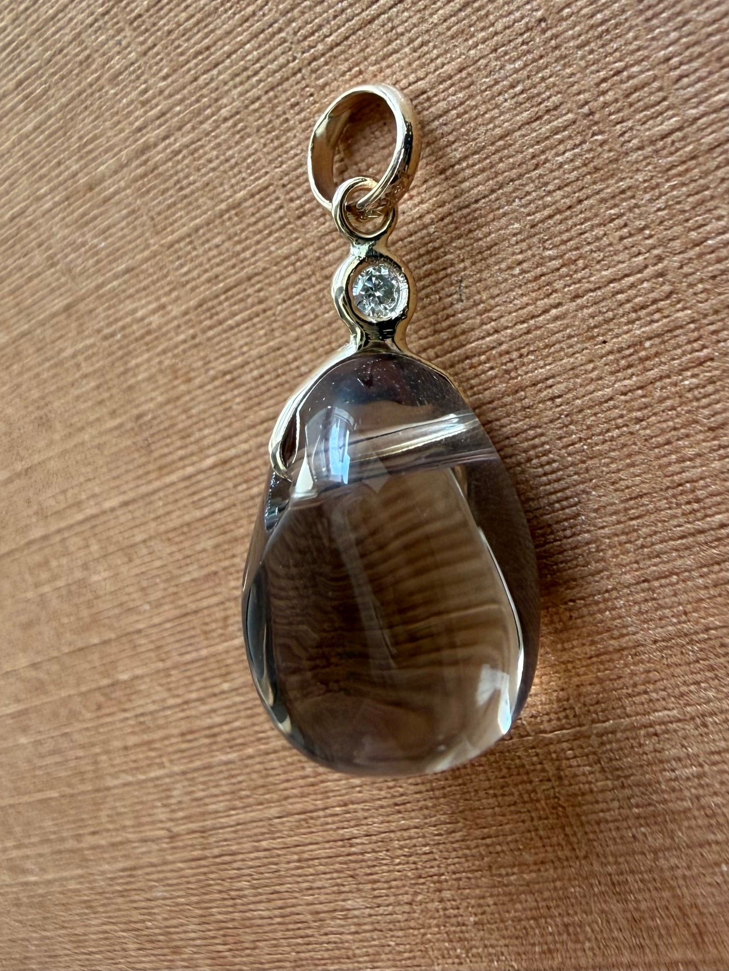 14k Solid Yellow Gold, Diamond, Smoky Quartz Tumbled Nugget Bead Pendant, Mini Size