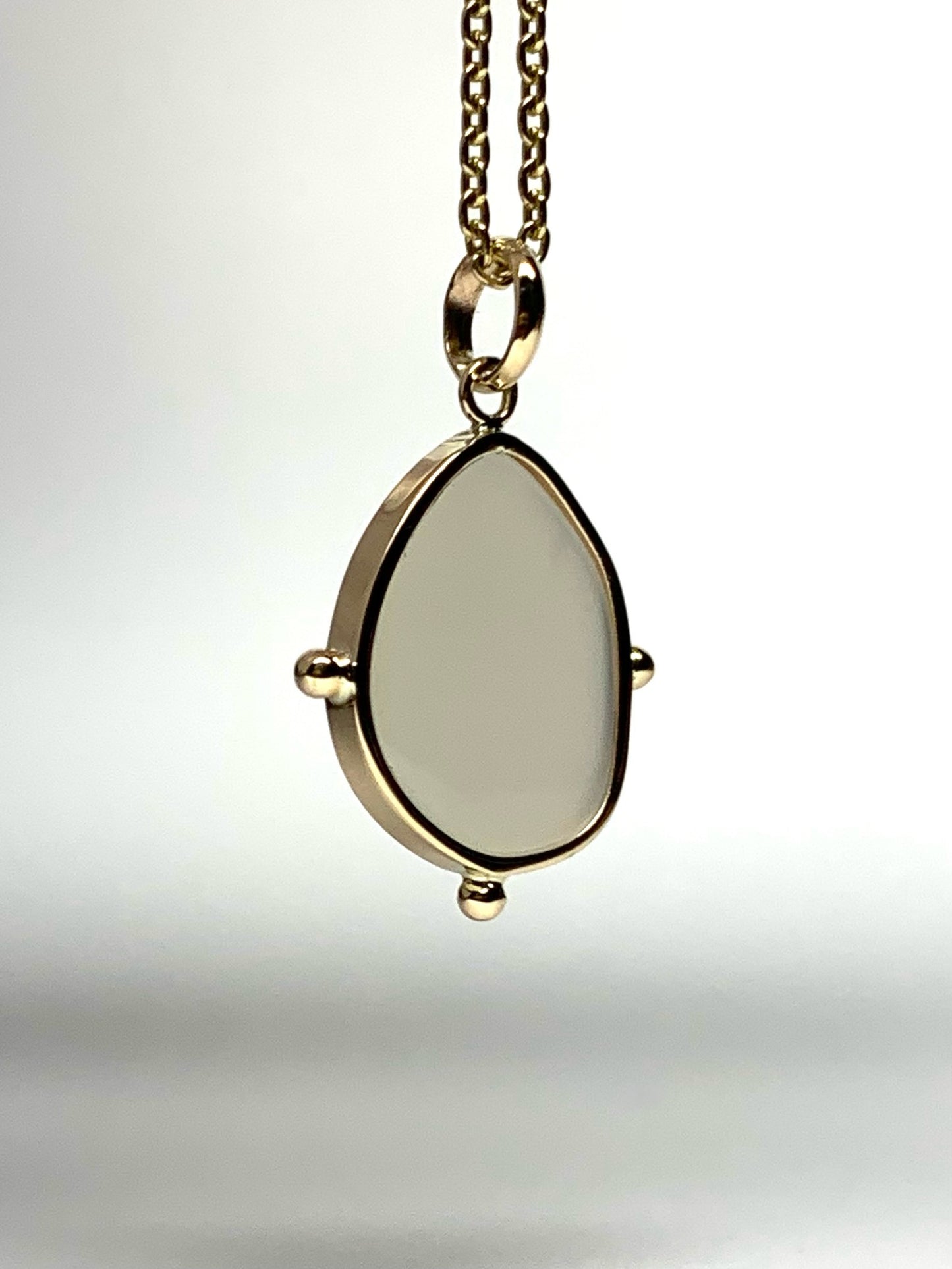 14k Solid Yellow Gold, White Moonstone Flat Cabochon Pendant, With Golden Dots