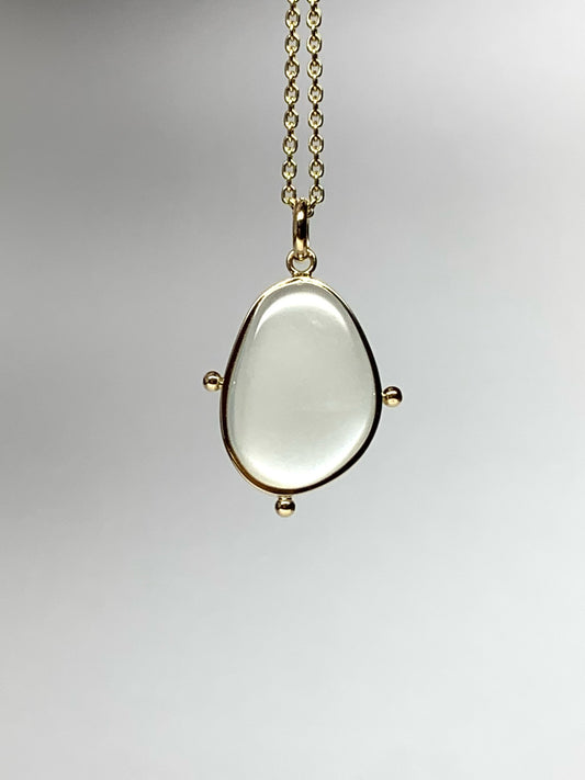 14k Solid Yellow Gold, White Moonstone Flat Cabochon Pendant, With Golden Dots
