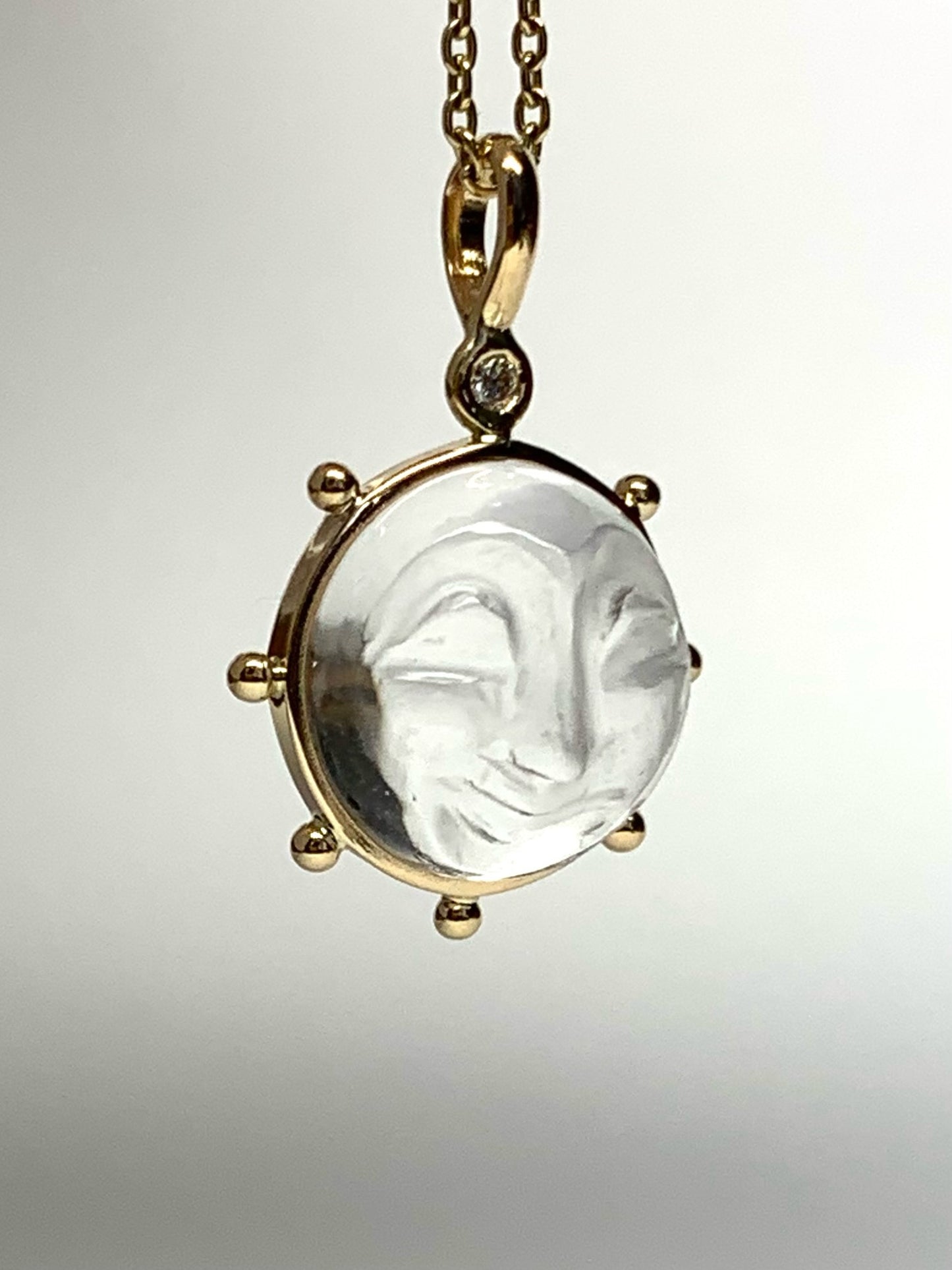 14k Solid Yellow Gold, Clear Quartz, Diamond “Sun” Pendant