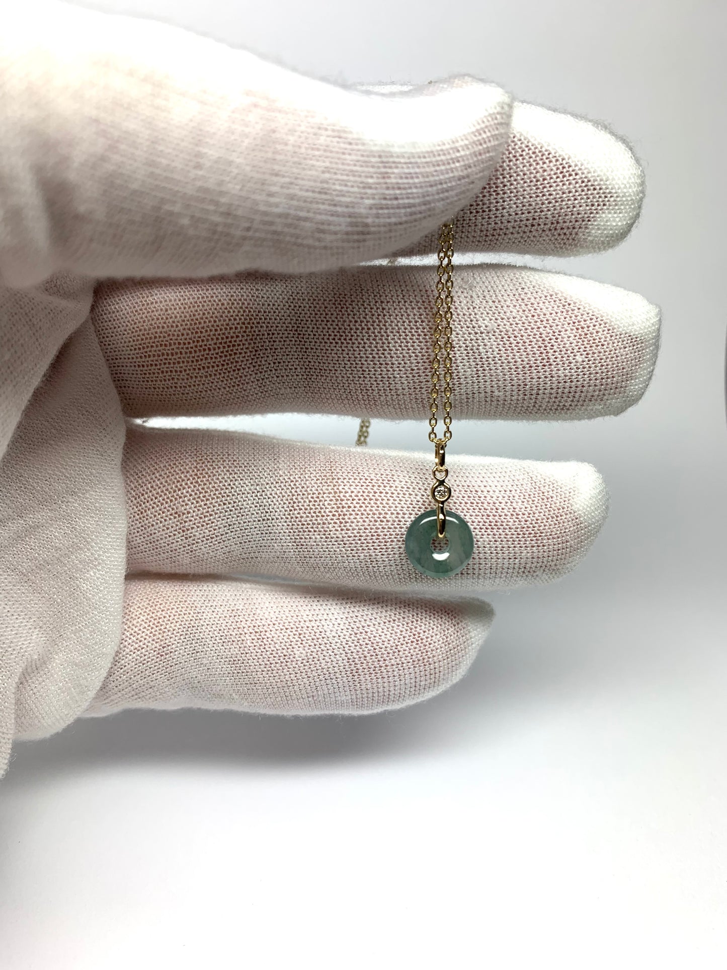 14k Solid Yellow Gold, White Diamond, Pale Green Jade “Donut” Pendant, Tiny Size
