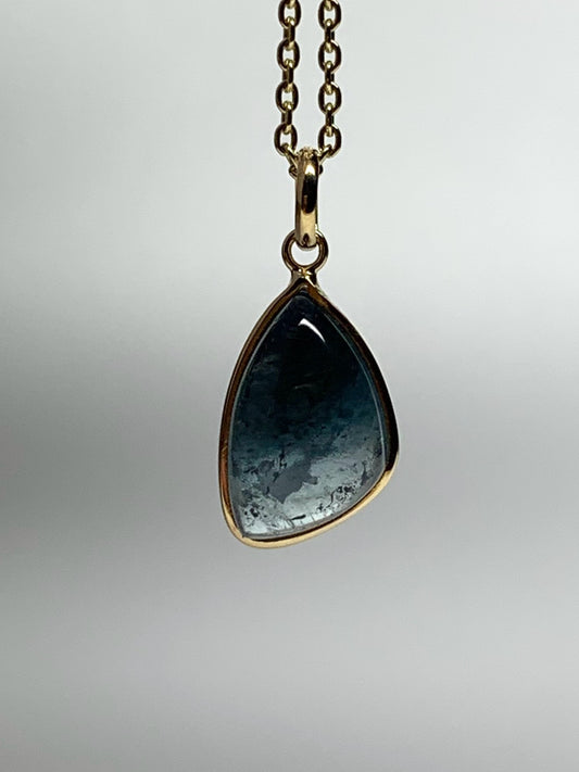 14k Solid Yellow Gold, Natural Blue Tourmaline Cabochon Pendant