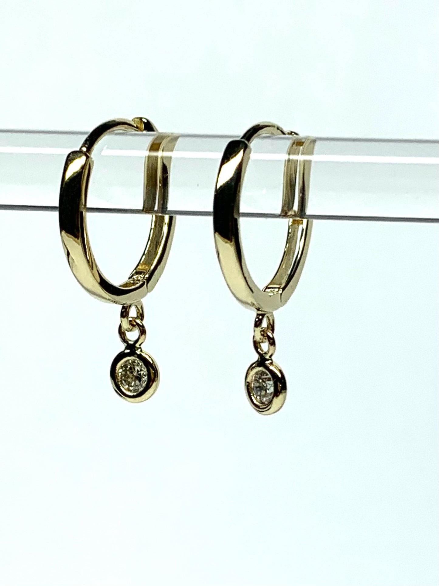 14k Solid Yellow Gold Natural White Diamonds Hoop Earrings, Mini Size