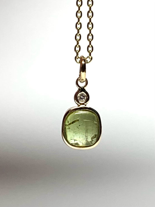 14k Solid Yellow Gold, Natural White Diamond, Natural Dark Green Tourmaline Tiny Pendant