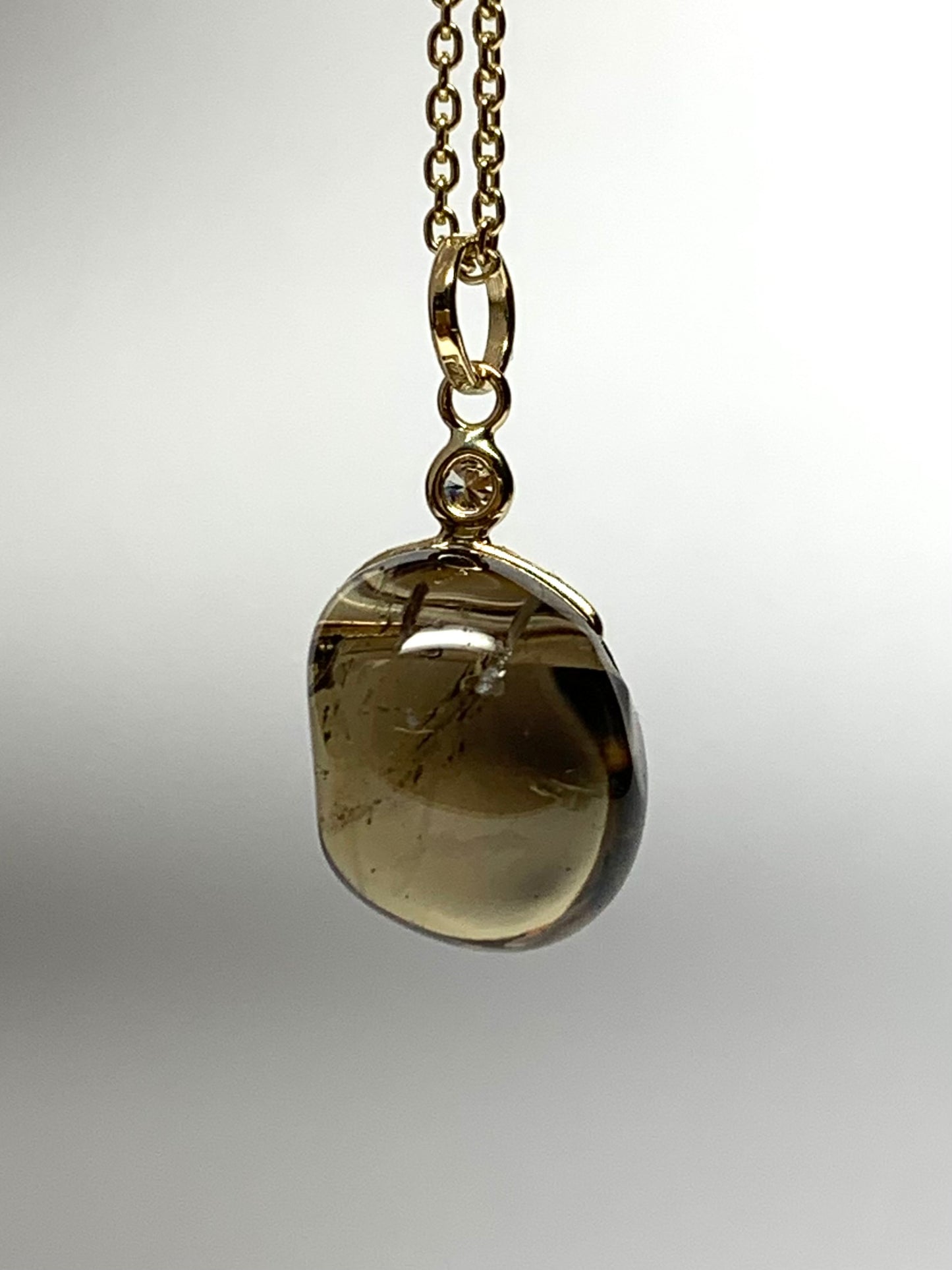 14k Solid Yellow Gold, Diamond, Dark Smoky Quartz Tumbled Nugget Bead Pendant, Mini Size