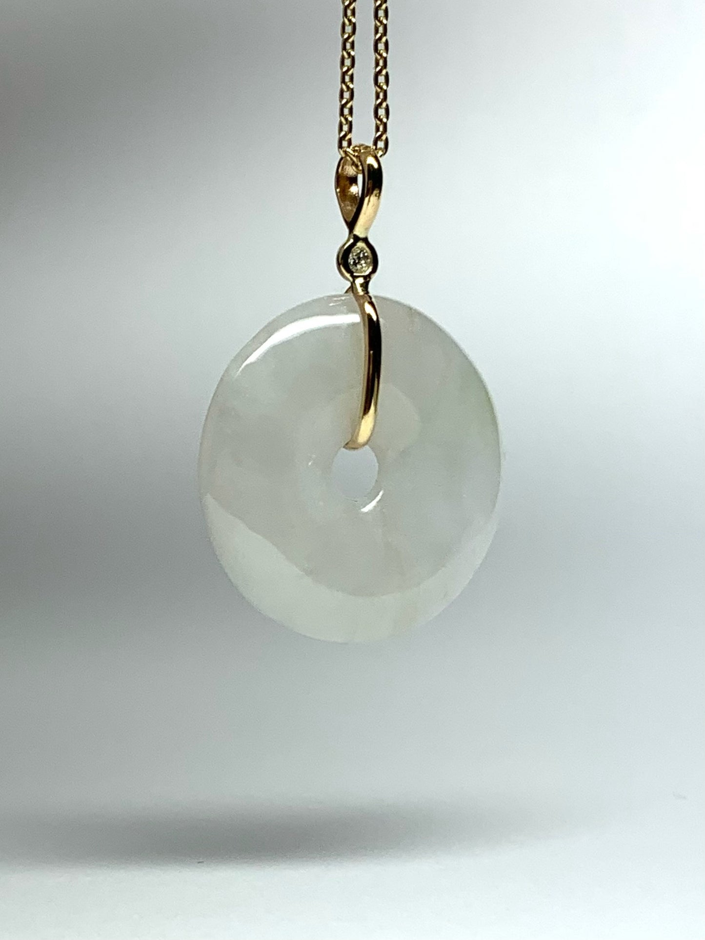 14k Solid Yellow Gold, Very Pale White Green Jade “Donut”, White Diamond Pendant