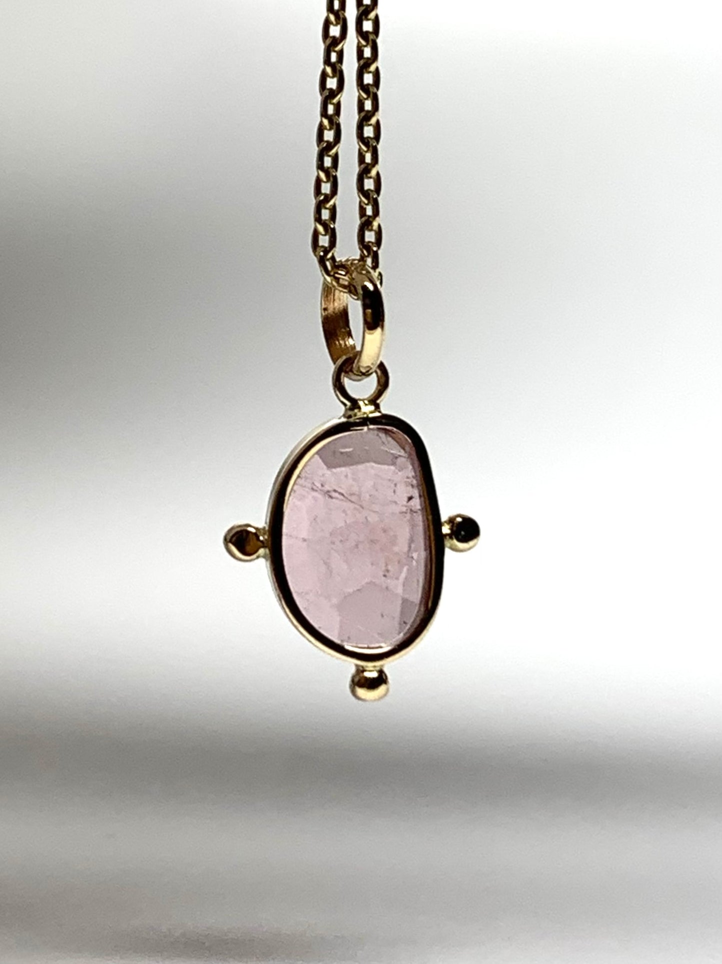 14k Solid Yellow Gold, Natural Pink Tourmaline Pendant, Gold Dots