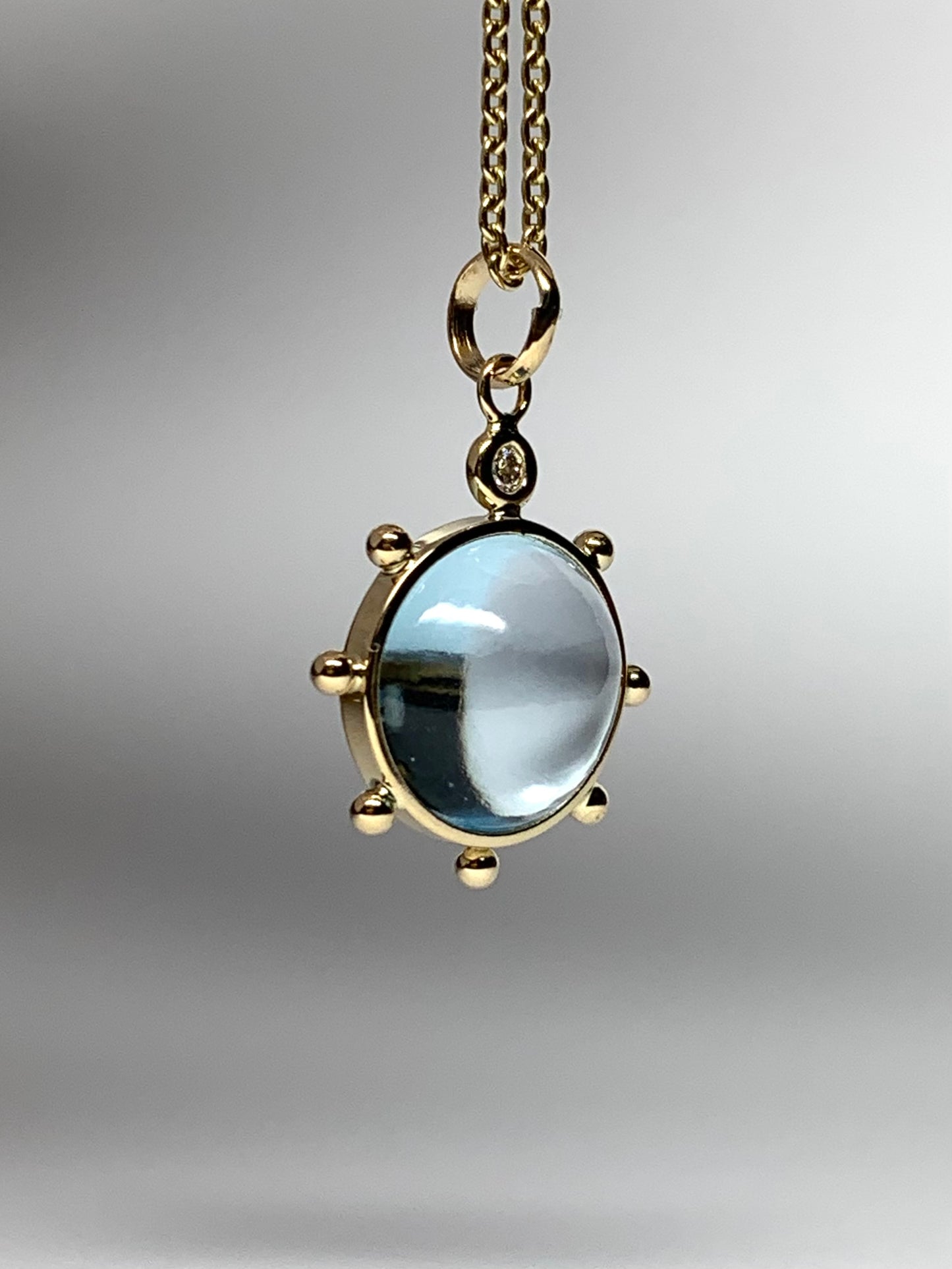 14k Solid Yellow Gold, Blue Topaz, Diamond “Sun” Pendant, Mini Size